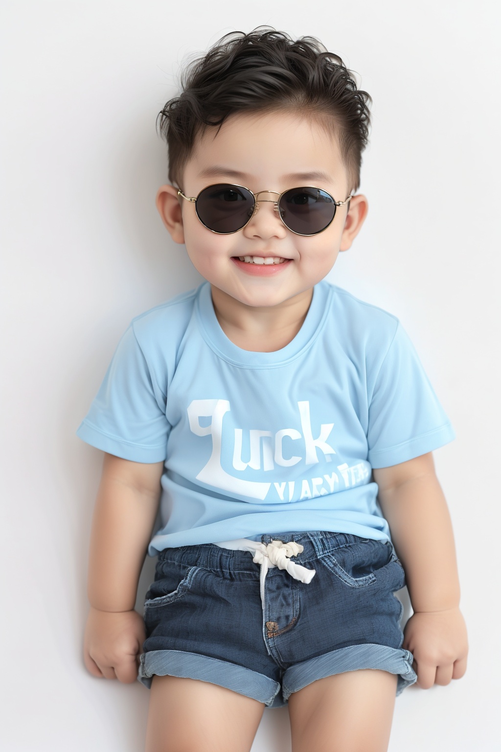 close-up, (6-old boy),solo, child, short hair, black hair,cartoon sunglasses,top view,looks incredibly cute and charming in blue T-shirt and loose - fitting shorts. The bright white background sets off his happy - go - lucky personality perfectly, making for a delightful, simple background. 