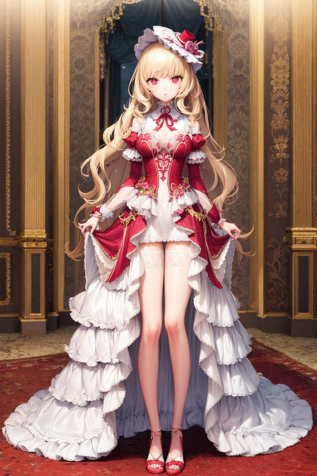 <lora:艺术家_でらうえあ2:1>, (masterpiece:1.3), (ultra detailed:1.3), (best quality:1.2), (best illumination:1.2), (best illustration:1.2), (cinematic light:1.2), (full body:1.3), (extremely beautiful and detailed) girl, (child:1.2), cute, (lolita fasion:1.25), standing in victorian-style square, (flaxen hair:1.2), standing, long wavy hair, hair ribbon, beautiful red eyes, (long ((gorgeous)) lace-trimmed pink dress:1.2), (velvet collar:1.2), (crease:1.25), frills, neck ribbon, lace-trimmed formal hat, elegant, exquisite, luxury, splendid, romantic, decorative, ornaments, intricate, france rococo, decorative patterns, silks and satins