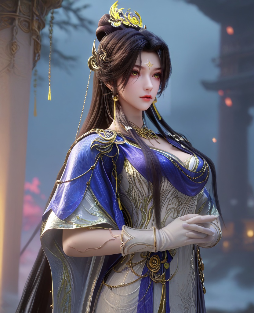 (Standing with hands clasped behind the back,:1.1),(large breasts:1.2),<lora:XL16云深不知梦羲和城主服:0.95>,miss xihe,white dress,blue shawl,mole under left eye,forehead mark,black hair,absurdly long hair,traditional chinese updo with long front strands,hair ornament,jewelry,white gloves,blue sheer petticoat,, score_9,score_8_up,score_7_up,score_6_up,score_5_up,score_4_up,3d rendering,tag1,tag2, Cinematic Lighting,backlighting,