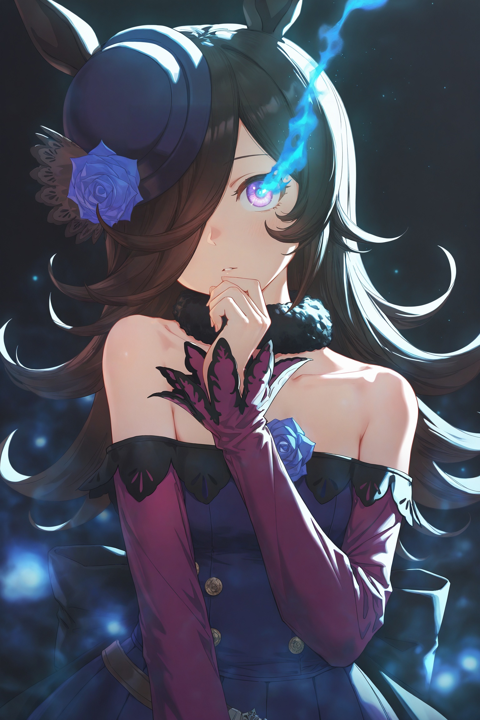 umamusume,rice shower (umamusume),rice shower (rosy dreams) (umamusume),1girl,animal ears,horse ears,horse girl,black hair,long hair,flipped hair,hair over one eye,one eye covered,purple eyes,flaming eye,looking at viewer,blue hat,hat flower,blue flower,blue rose,rose,flower,hair ornament,fur collar,off shoulder,collarbone,long sleeves,sleeves past wrists,solo,upper body,hand up,fire,blue fire,light particles,dramatic lighting,rim light,volumetric light,mystical aura,glowing particles,dark background,ethereal atmosphere,high detail,masterpiece,best quality,<lora:光辉V1正则miv4t画风V4-000012:0.8>,mivhuafeng,
