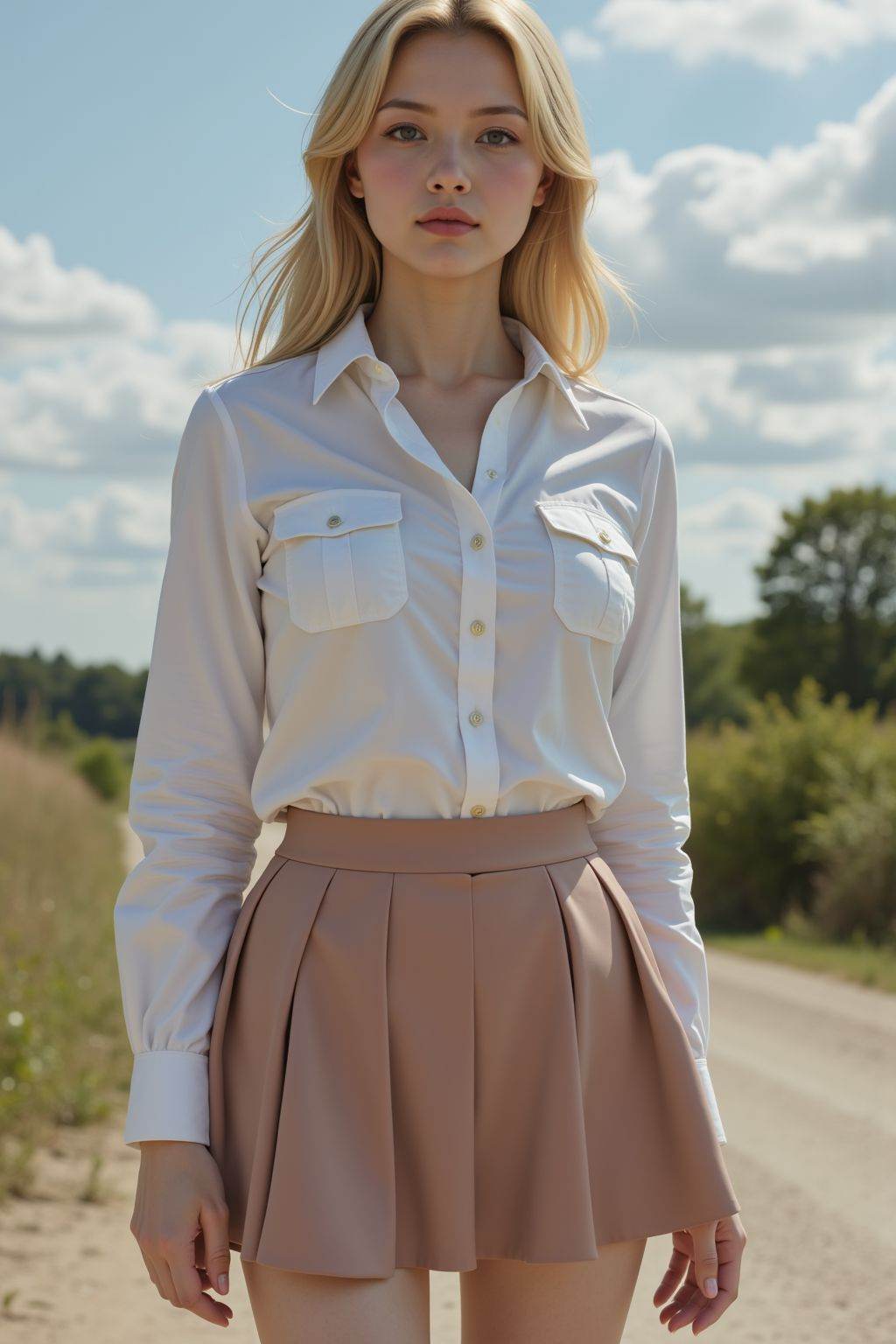 realistic, full body, pale skin, thin, slim, shirt, pleated skirt, outdoors,