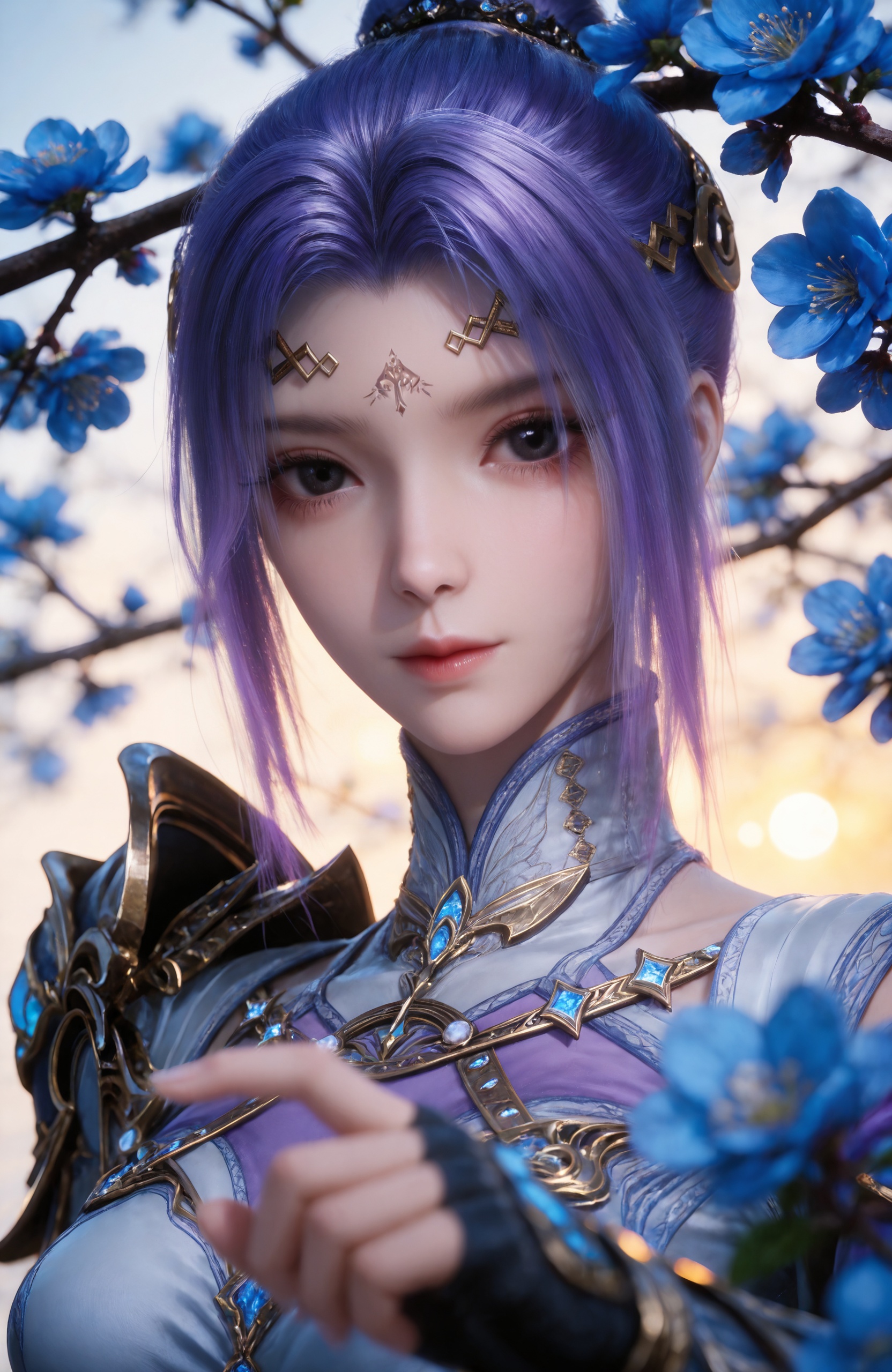 <lora:斗罗大陆2-唐舞桐-昊天真身IL:0.8> 1girl, blue hair,  purple hair, black eyes, hair ornament, forehead mark,hair bun, dress, armor, shoulder armor,  fingerless gloves, gloves, thighhighs,boots,, realistic style photo,outstanding style,Use soft lighting to cast gentle shadows on the subject,adding a touch of dimension to your images without compromising details,whirls of vapor,(Anime:1.1),soft neon light,ethereal ambiance,delicate details,magical atmosphere,concept art,highly detailed,ultra-high resolution,32K UHD,sharp focus,best-quality,masterpiece,golden hour,unconventional supreme masterpiece,masterful details,temperate atmosphere,with a high-end texture,in the style of fashion photography,magazine style,Dynamic Angle,Dynamic posture,magazine style,Dynamic Angle,Dynamic posture,(cowboy_shot:1.2),eye trail,depth of field,cinematic lighting,lens flare,close-up,extreme aesthetic,(wlop:0.6),(honjou raita,lack,rella,wanke:0.5),masterpiece,best quality,good quality,newest,year 2025,very aesthetic,absurdres,Visual impact,A shot with tension,ultra-high resolution,32K UHD,sharp focus,best-quality,masterpiece,Emotionalization,unconventional supreme masterpiece,masterful details,temperate atmosphere,with a high-end texture,in the style of fashion photography,(Visual impact:1.2),giving the poster a dynamic and visually striking appearance,, solo,  upper body, blue flower, looking at viewer, snowflakes, closed mouth, branch,
