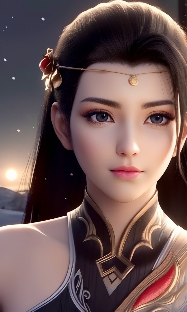 (,1girl, ,best quality, ),looking at viewer, <lora:378-DA-大主宰-唐芊儿:0.8> ,, ,masterpiece, (( , )),, realistic,science fiction,mole, ultra realistic 8k cg, ,tamari \(flawless\),     ,outdoors, snow, snowing, snow on head, sun,sunset,sunlight,moonlight,full moon, red moon,  crescent moon,  crescent rose,  black rose,       (()), (),