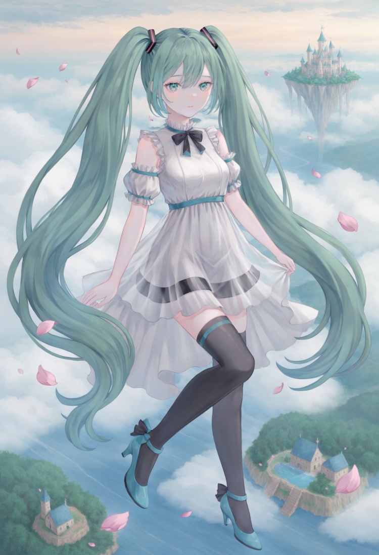 best quality, masterpiece,1girl, solo, long hair, thighhighs, hatsune miku, very long hair, green eyes, green hair, twintails, dress, petals, black thighhighs, high heels, white background ,scenery, cloud, sky, outdoors, day, petals, blue sky, floating island, fantasy, landscape, above clouds, castle, water, mountain, tree, cloudy sky, blurry, tower  <lora:poireXLlokr4f-000287:0.8>