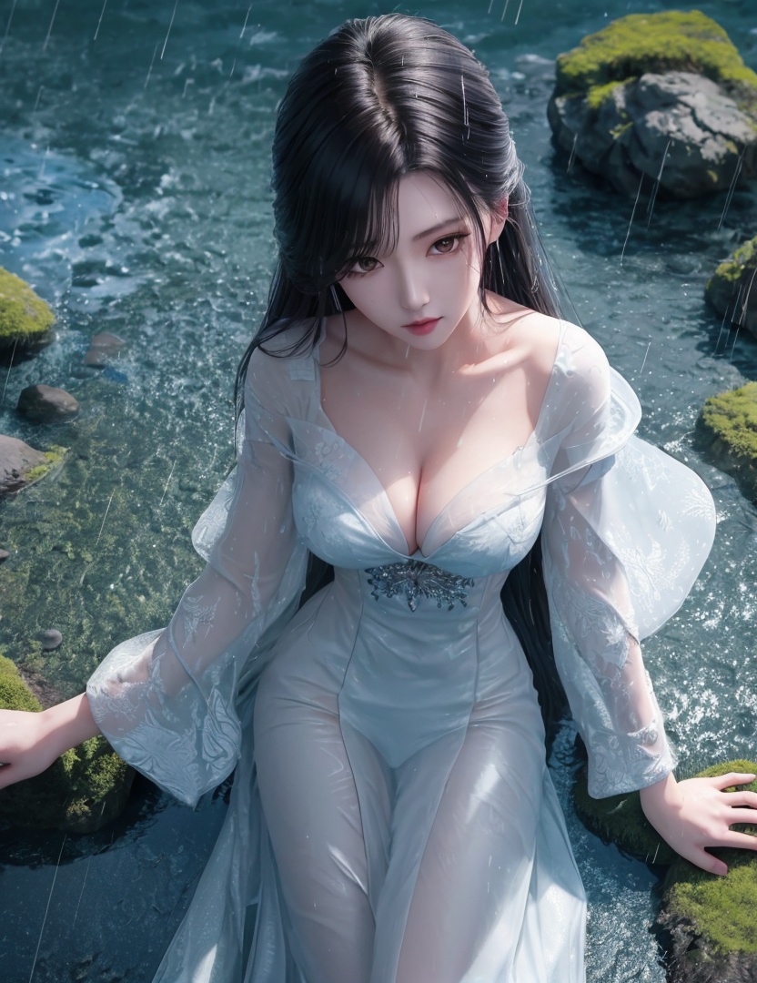 <lora:520-DA-诛仙CG-陆雪琪:0.8>(,1girl, ,best quality, ),looking at viewer,  ,(Highest picture quality), (Master's work), full body, (ultra-detailed), the portrait is centered, 1girl, raiden shogun, nsfw, (wet clothes), blush, bare hips, (sheer shirt), (from above:1.7), (translucent dress), water drop, (rain), (outdoors), stained, wet hair, wet dress, wet, scenery, (long hair), nature background, close up, ((on back)), water, lying in water, masterpiece, best quality, ultra high res, highly detailed, (abstract expressionism art:1.4), [girl | fire ghost:10], love,, dark rainbow theme, colorful, visually stunning, beautiful, gorgeous, emotional, intricate, perferct shading, rainbow hair,upper body,(cleavage),