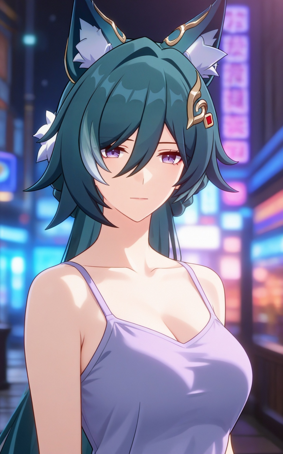 depth of field,masterpiece,best quality,very aesthetic,alternate costume,alternate costume,2024,2023,perfect composition,ultra-detailed,extreme aesthetic,masterpiece,best quality,good quality,newest,year 2024,year 2023,very aesthetic,absurdres,looking_at_viewer,colorful,upper_body,<lora:驭空·衣服百搭款ILL:0.8>,yukong \(honkai: star rail\),green hair,long hair,fox_ears,animal ear fluff,fox girl,hair between eyes,purple eyes,hair_ornament,