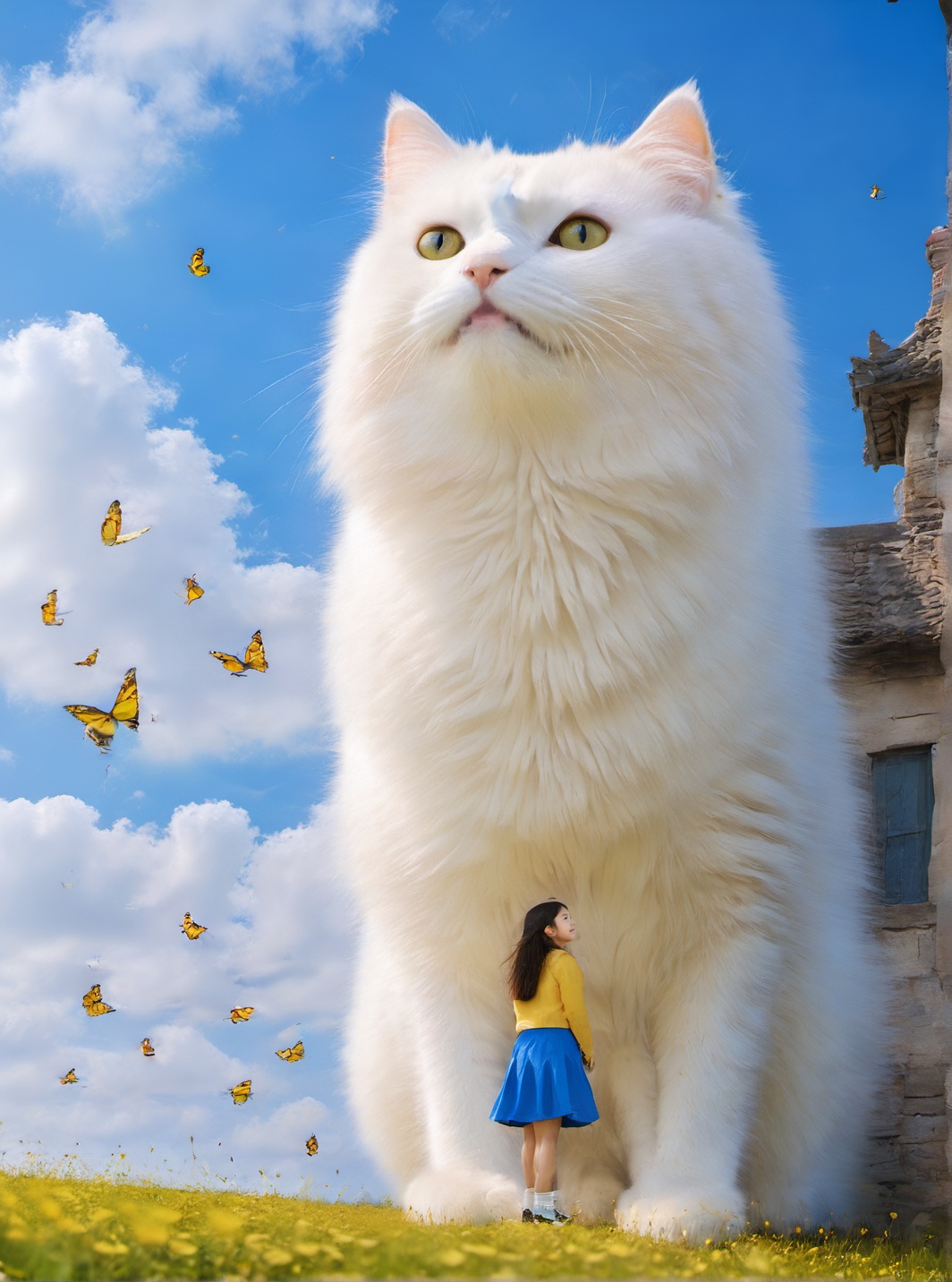 <lora:white cat 过拟V1.0-0008:1>,large white cat,a young girl,at the seaside,, (masterpiece, best quality, highres:1.2),