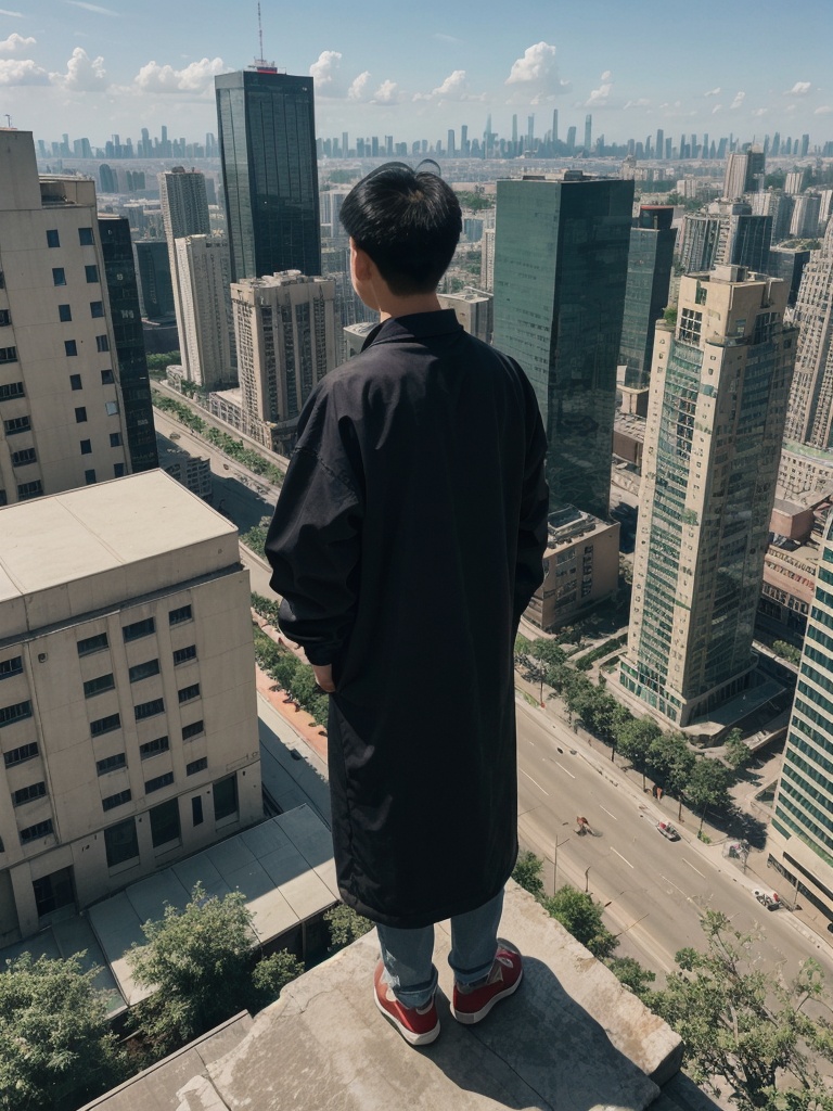 From a bird's eye view,  a Chinese person stands on the edge of a tall building overlooking the city,  diamond wire photog...