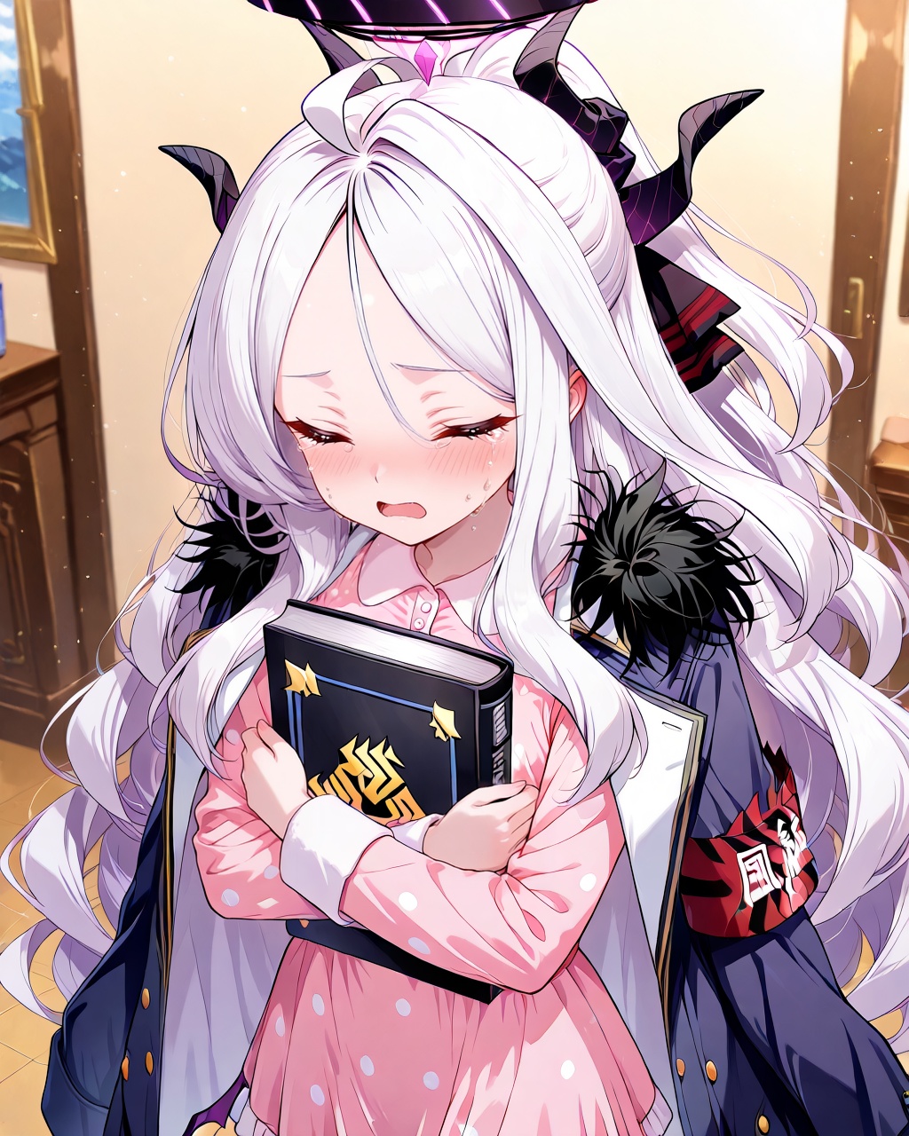 Hina (Blue Archive),O,Hina \(Blue Archive\), 1girl, hina, (blue archive), halo, solo, long hair, horns, tears, white hair, closed eyes, crying, long sleeves, object hug, blush, pajamas, bangs, holding, demon horns, ahoge, open mouth, polka dot, coat on shoulders, book, jacket, parted bangs, pink pajamas, holding book, coat, sidelocks, forehead, multiple horns, hair ribbon, ribbon, jacket on shoulders, armband, demon girl, hair between eyes, ponytail, dress, tearing up,(UHD),anatomically correct,accurate,textured skin,super detail,high details,award winning,best quality,high quality,retina,HD,16k,1080P,