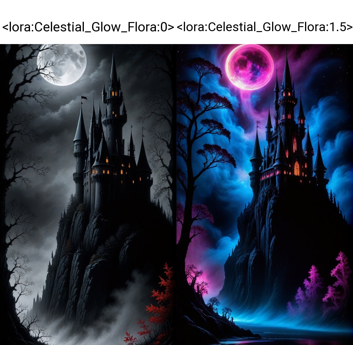 masterpiece of high-contrast shadow and light,  a gothic castle sitting on edge of a forbidden mystical forest,  moonlight...
