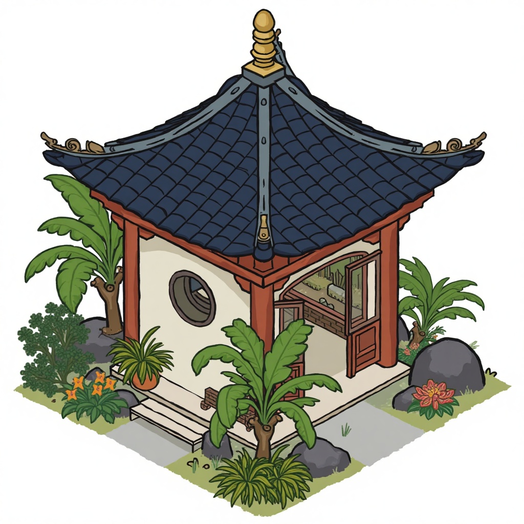 This is a digital drawing of a traditional Chinese garden pavilion with a pagoda-style roof, featuring dark blue tiles and ornate wooden beams. The structure is surrounded by lush greenery, including a large banana plant and various flowers. The pavilion has a circular window and a small, arched doorway. The background includes rocks and a serene, tranquil setting