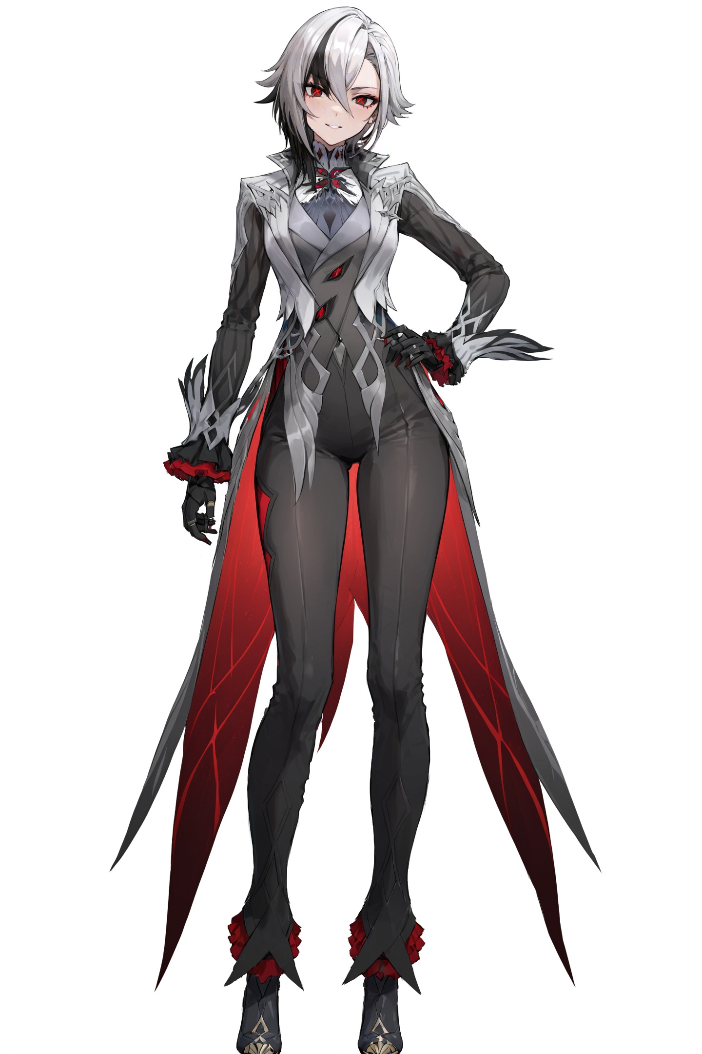 score_9,score_8_up,score_7_up,score_6_up,8k,best quality,masterpiece,(ultra-detailed:1.1),(high detailed skin),(full body:1.4),white background,standing,looking at viewer,(solo:1.4),hand on hip,<lora:Arlecchino-A3-Tanger:0.8>,Arlecchino,def clothes,1girl,x-shaped pupils,red pupils,black gloves,pants,symbol-shaped pupils,(white background, simple background:1.3),(beautiful_face),((intricate_detail)),clear face,((finely_detailed)),fine_fabric_emphasis,((glossy)),full_shot,