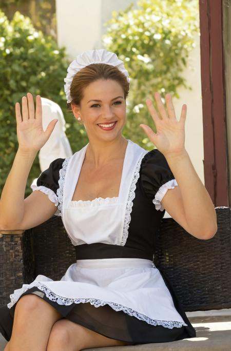 a photograph of highest quality a woman is sitting and waving to a friend of screen, French Maid, photograph, 100mm, zoom, harsh sun and shadows, outside, Seductive, happy, haze, atmosphere, humid