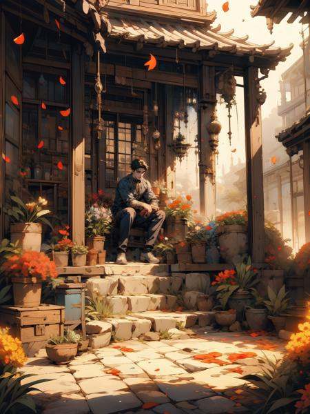 (masterpiece, top quality, best quality, beautiful and aesthetic:1.2),1boy,handsome young ***** manly man,extremely detailed,exaggerated,(petals, flowers:1.3),dramatic pose,xuer house,<lora:xuer house_20231229020728:0.8>,fullbody,wide angle,outdoors,