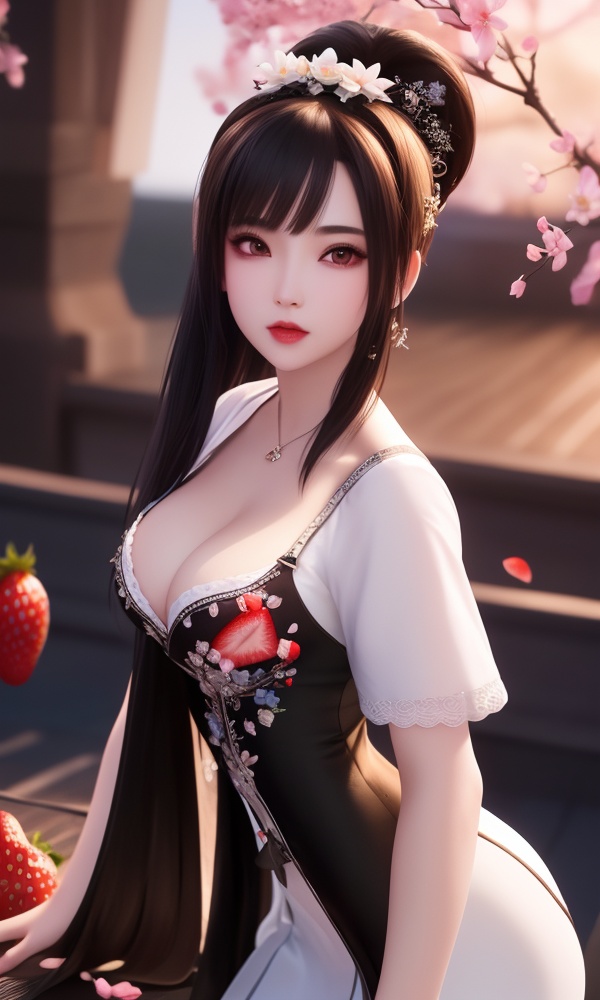 (,1girl, ,best quality, ),looking at viewer, <lora:411-DA-太一剑仙传-季师师:0.8> ,ultra detailed background,ultra detailed background,ultra realistic 8k cg, , ,masterpiece, (( , )),, ultra realistic 8k cg, ,      ,lily \(flower\) ,full moon ,strawberry blossoms      (cleavage), (), 