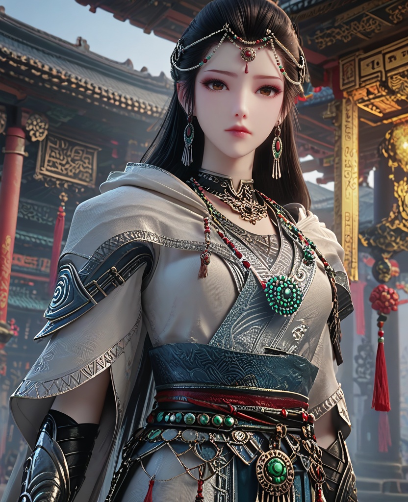 (oriental architecture, elegant decor, sophisticated style:1.1),(Mind Focus, Hands on temples, concentrating on telepathic or psychic abilities,:1.1),(breasts:1.2),<lora:XL16长生界龙岛兰诺:0.95>,miss lannuo,tiered dress,brown eyes,forehead chain,black hair,long hair,earrings,jewelry,necklace,vambraces,sash,assassin‘s cloak,hood,, score_9,score_8_up,score_7_up,score_6_up,score_5_up,score_4_up,3d rendering,tag1,tag2, Cinematic Lighting,backlighting,