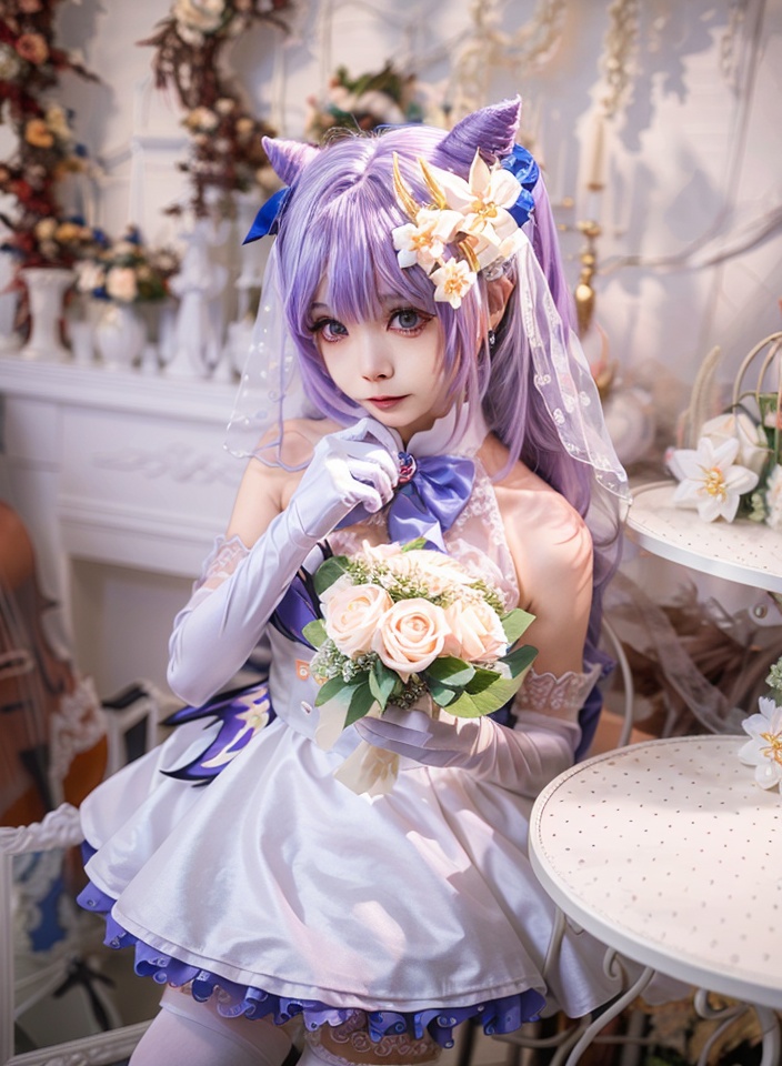 aiwest,1girl,cone hair bun,flower,gloves,dress,solo,purple hair,standing,keqing \(genshin impact\),elbow gloves,thighhighs,hair ornament,white dress,hair flower,long hair,white gloves,hair bun,purple eyes,bow,bowtie,veil,blurry background,sleeveless,blurry,looking at viewer,instrument,white thighhighs,bangs,chair,bare shoulders,wedding dress,bridal veil,frills,blue bow,double bun,Don't take anything,<lora:aiwest_20231231155804:1>,
