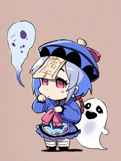 masterpiece, best quality, <lora:style05-xl:1>,chibi,simple background, 1girl,qiqi \(genshin impact\), solo, hat, jiangshi,zombie pose, ghost,walking, 