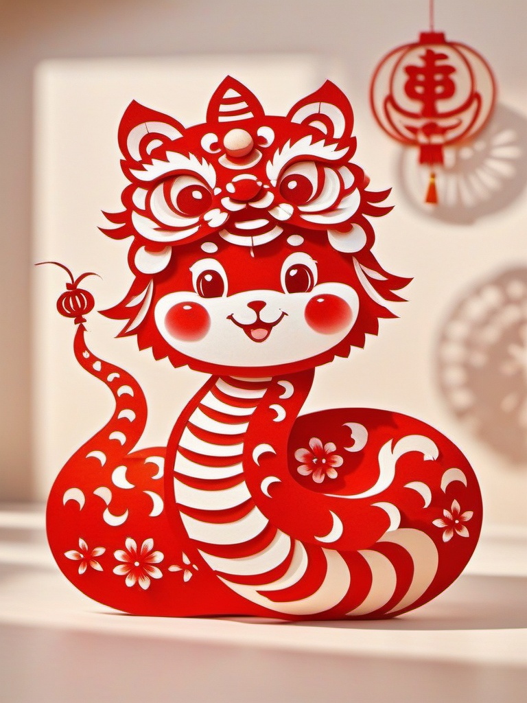 jianzhishe, paper cutting,A bright red paper-cut snake, decorated in the traditional Chinese New Year style, shows a happy smile. Its body is striped, with a detailed crown and a pointed star-shaped tail. A red round paper ball. Soft shadows dance on the pale beige walls, adding a chill to the scene.,<lora:jianzhishe_v1:0.8>