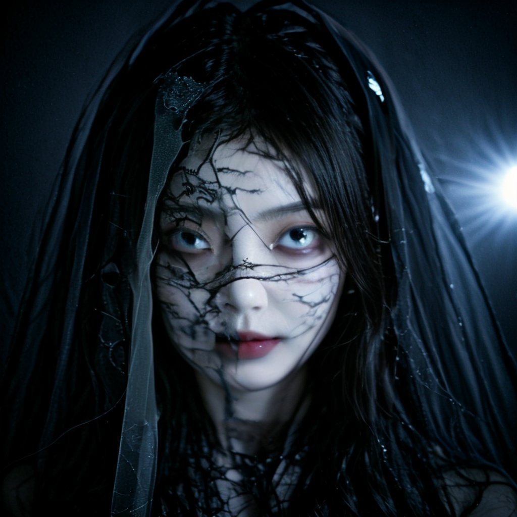 huapi, huapi girl, monster girl, huapighost, 1girl, black hair, veil, tears, blue eyes, solo, realistic, see-through, teeth, portrait, long hair, lips,<lora:LCM_LoRA_Weights_SD15:1>,<lora:NewHuapi:1>,