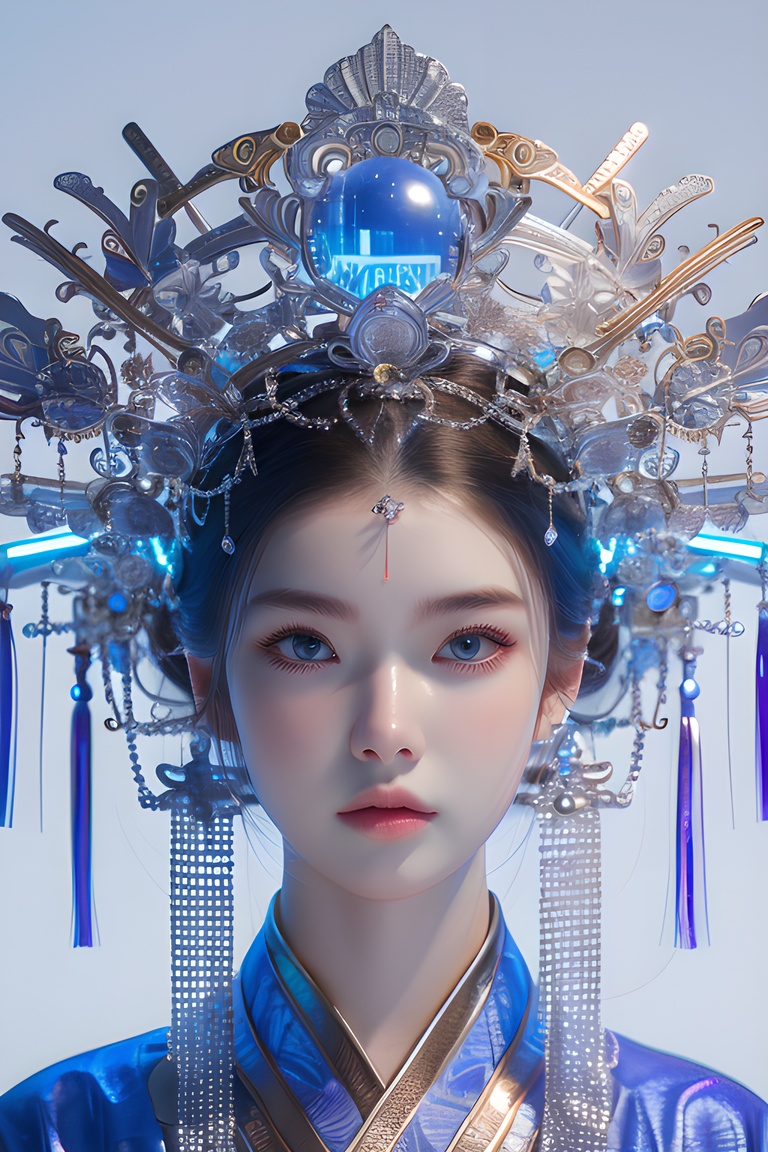 1beauty,colorful,neon lights,Cyberpunk beauty,artist name,bangs,blue eyes, closed mouth ,earrings ,eyelashes ,face, glowing ,gradient, gradient background ,hair ornament ,hair stick ,halo ,jewelry ,lips ,long hair, looking at viewer ,makeup ,mascara, portrait ,simple background ,solo, tassel ,upper body ,cyberpunk ,3d, neon light ,Bagua ,Tai Chi ,future technology, glow, glow effect ,high detail, best quality ,Tang Dynasty clothing ,hanfu , <lora:20240218-1708234260649:0.7>, <lora:lora_美女大胸写实:0.4>, <lora:meinv123:0.6>