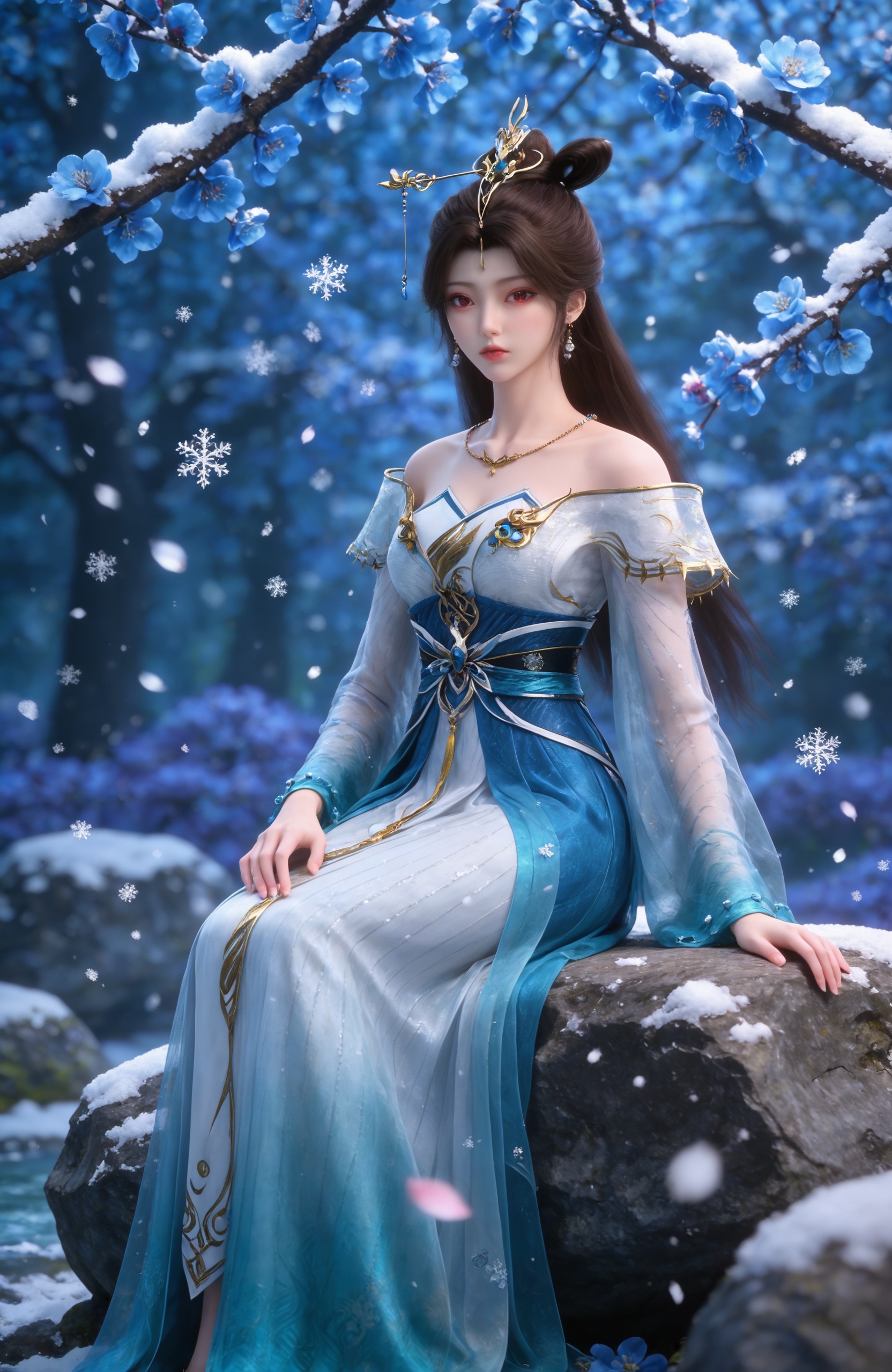 <lora:百炼成神3-玄鉴阁女侍Pony:0.7> 1girl, brown hair, hair ornament,  hair bun, long hair, red eyes, jewelry, earrings, necklace, white dress, long sleeves, bare shoulders, blue dress, chinese clothes,off shoulder, masterpiece,best quality,amazing quality,very aesthetic,high resolution,ultra-detailed,absurdres,scenery,photorealistic,looking at viewer,moody lighting,peach blossom,falling petals,realistic,photorealistic details,, ,snowing, rock,,blurry,sitting,full body,arm support,blue flower,snowflakes