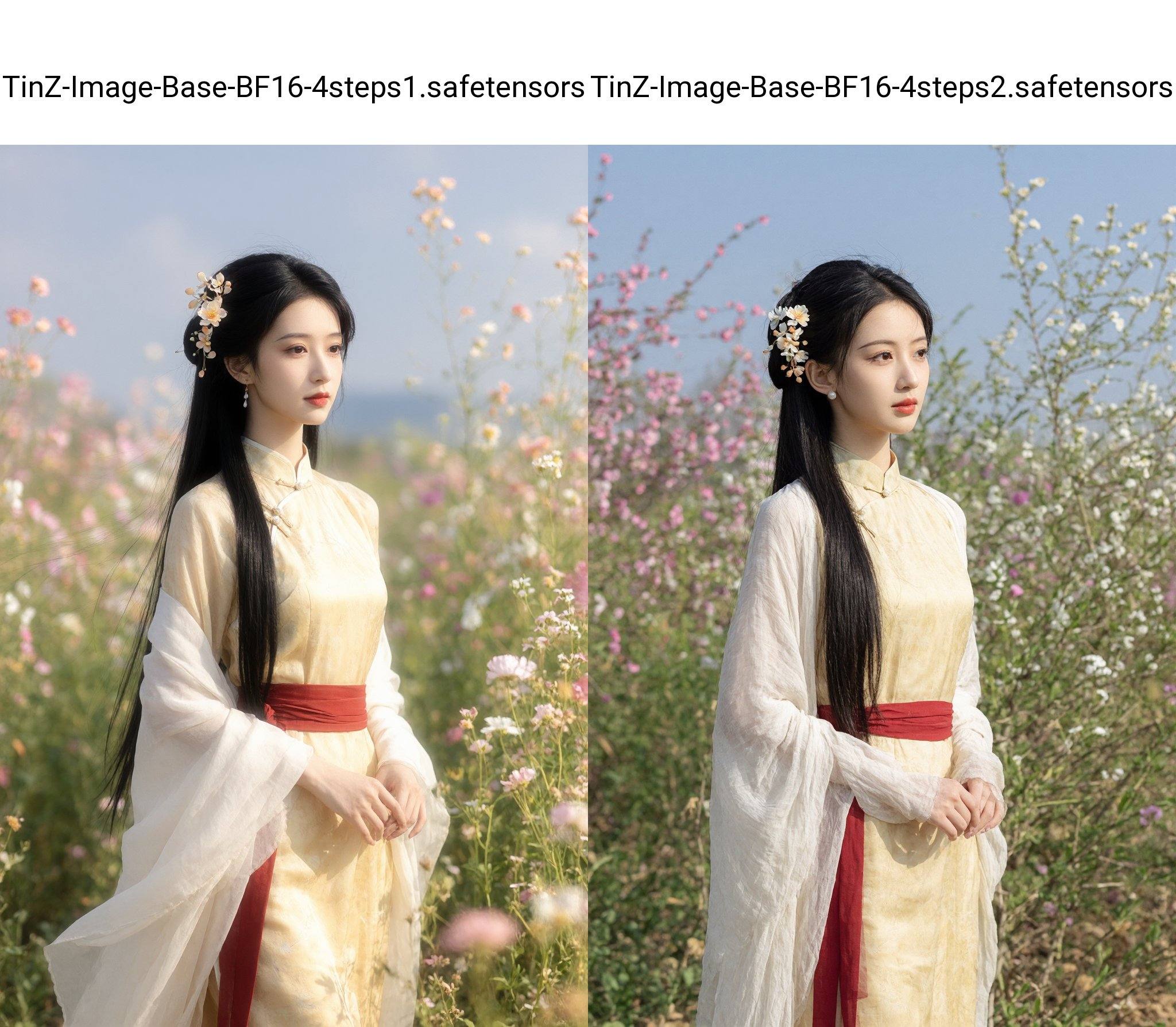 A photograph of an East Asian woman standing in a field of blooming flowers, with a serene expression. She has long, straight black hair adorned with delicate floral hair accessories. She wears a traditional Chinese qipao dress in soft yellow with a red sash, and a sheer white shawl draped over her shoulders. The background features pink and white flowers, with a clear blue sky. The image captures a peaceful, ethereal atmosphere.