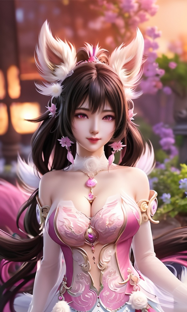 (,1girl, ,best quality, ),looking at viewer, <lora:454-DA-永劫无间-斗罗大陆-小舞:0.8> ,,ultra detailed background,ultra detailed background,ultra realistic 8k cg,, ,masterpiece, (( , )),ultra realistic 8k cg, ,    ,cleavage,,spirit blossom ahri,,(cleavage), (),