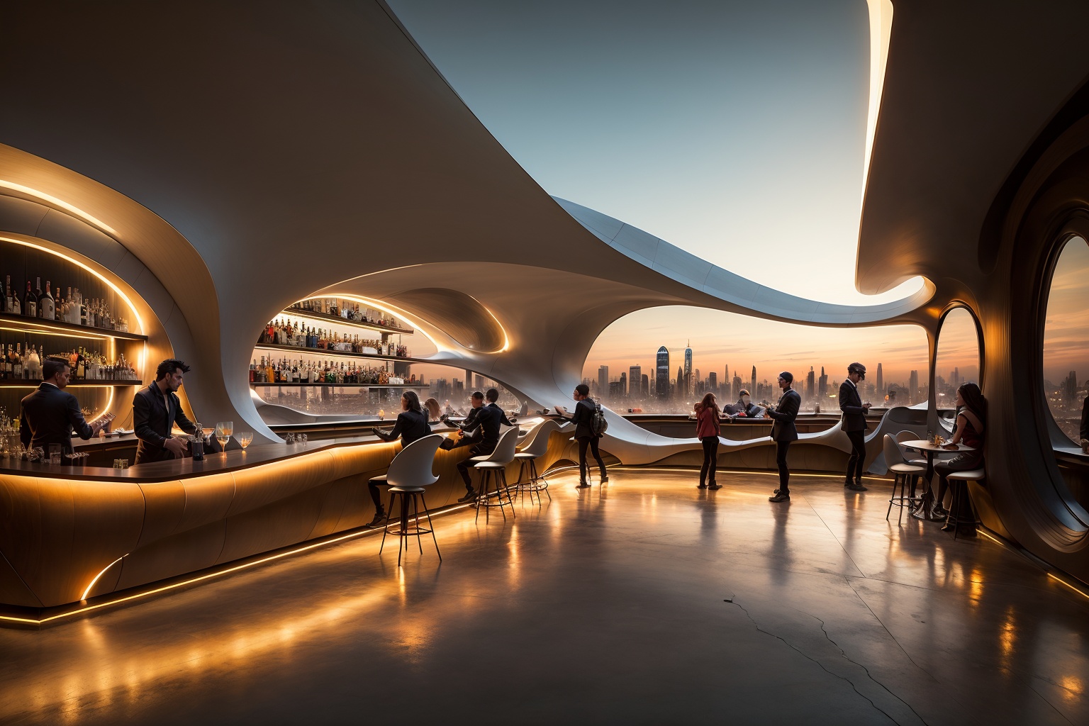 bar,sky bar,<lora:20240119-1705647975052:0.6>,Realistic image quality,photorealestic,8K,best qualtiy,masterpiece,movie-level quality,rendering by octane,architecture,city,city lights,cityscape,outdoors,real world location,rooftop,scenery,sky,skyscraper,sunset,building,night,bar counter,cup,the bar on the rooftop,bird,<lora:UIAQX1.0:0.6>,UIAQX,zaha hadid style,