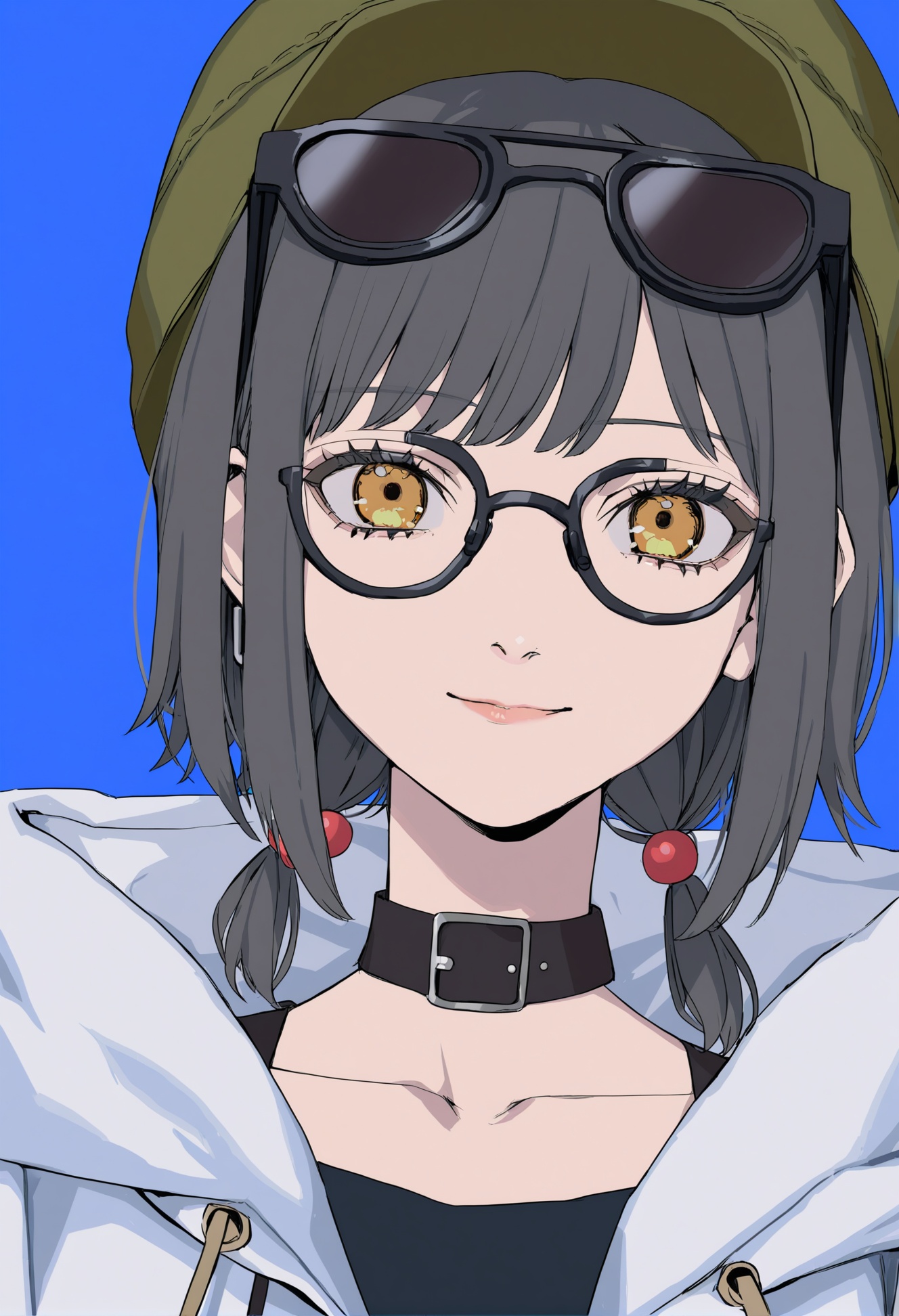 masterpiece, best quality,1girl,   hood, yellow eyes, solo, hood up, black hair, choker, looking at viewer, hooded jacket, blue background, collarbone, jacket, simple background, white jacket, short hair, closed mouth, bangs, hair between eyes, portrait, black choker, hoodie, lips, green headwear, hair bobbles, drawstring, earphones, bob cut, low ponytail, ponytail, eyelashes, realistic, smile, low-tied sidelocks, portrait \(object\), straight-on, single earphone removed, black-framed eyewear, nose, hime cut, swept bangs, eyewear on head, green hair, hat, glasses, hair ornament <lora:hakuhiruoeoeXLlokr-000056:1>