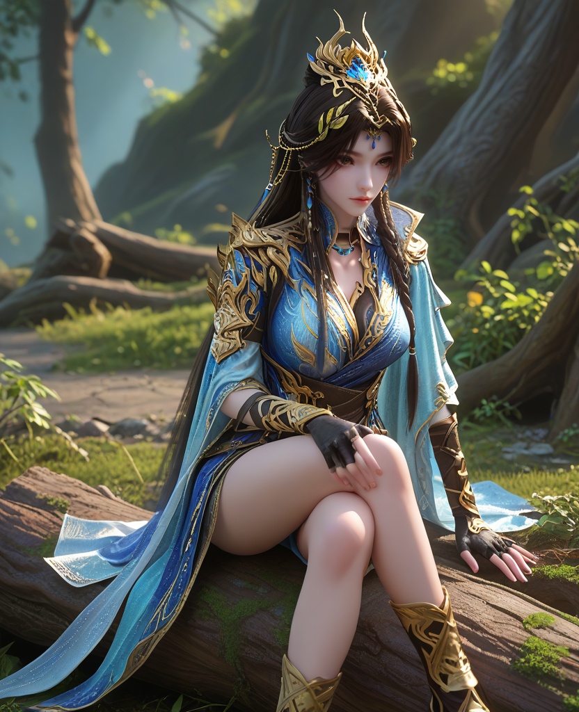 (Sitting on a fallen log, legs crossed, looking content and peaceful,:1.1),(large breasts:1.2),<lora:XL16云深不知梦羲和第20集‌跃灵谷:0.95>,miss xihe,white and blue tiered hanfu,brown eyes,mole under left eye,black hair,very long hair,draped looped buns with front braid,hair ornament,jewelry,black fingerless gloves,cape,, score_9,score_8_up,score_7_up,score_6_up,score_5_up,score_4_up,3d rendering,tag1,tag2, Cinematic Lighting,backlighting,