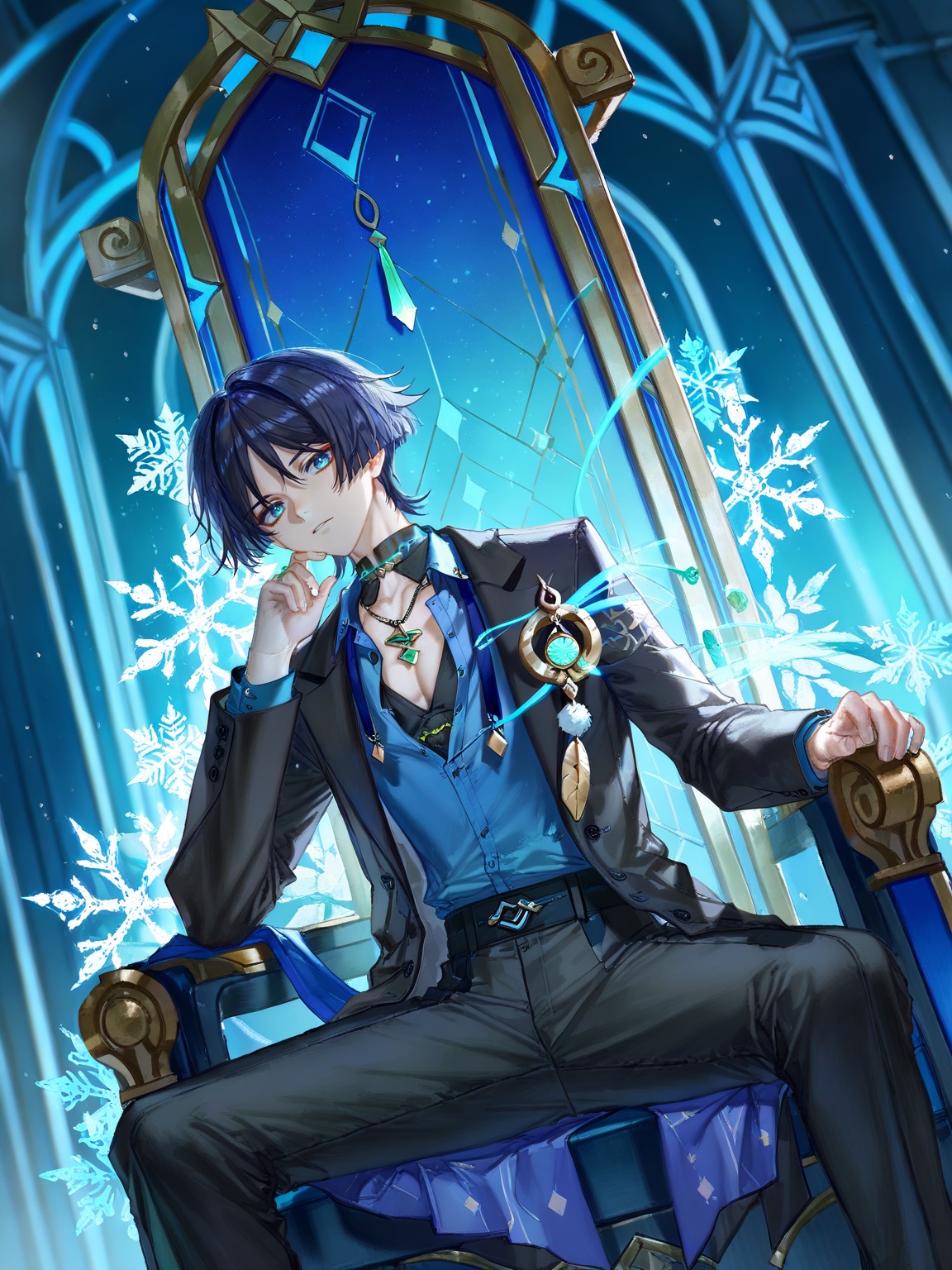 wanderer \(genshin impact\),short hair,<lora:碧蓝航线立绘12·ILL:0.8>,lihui,official alternate costume,1boy,sitting,male focus,solo,suit coat,jewelry,throne,suit,coat,shirt,pants,looking at viewer,chair,snowflakes,necklace,(quasarcake:0.7),dutch angle,from_side,(cowboy_shot:1.2),