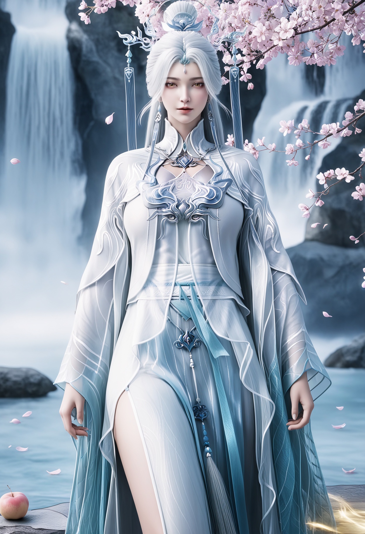 masterpiece,best quality,amazing quality,high resolution,ultra-detailed,absurdres,(looking at viewer:1.1),upper body,(moody lighting:1.1),waterfall,peach blossom,falling petals BREAK large breasts,jianma,1girl,solo,white hair,long hair,jewelry,hair ornament,earrings,realistic,dress,chinese clothes,hair bun,white dress,long sleeves,white eyelashes,yellow eyes,tassel,wide sleeves,barefoot BREAK photorealistic details,<lora:QQSilljianmaV1:0.8>,