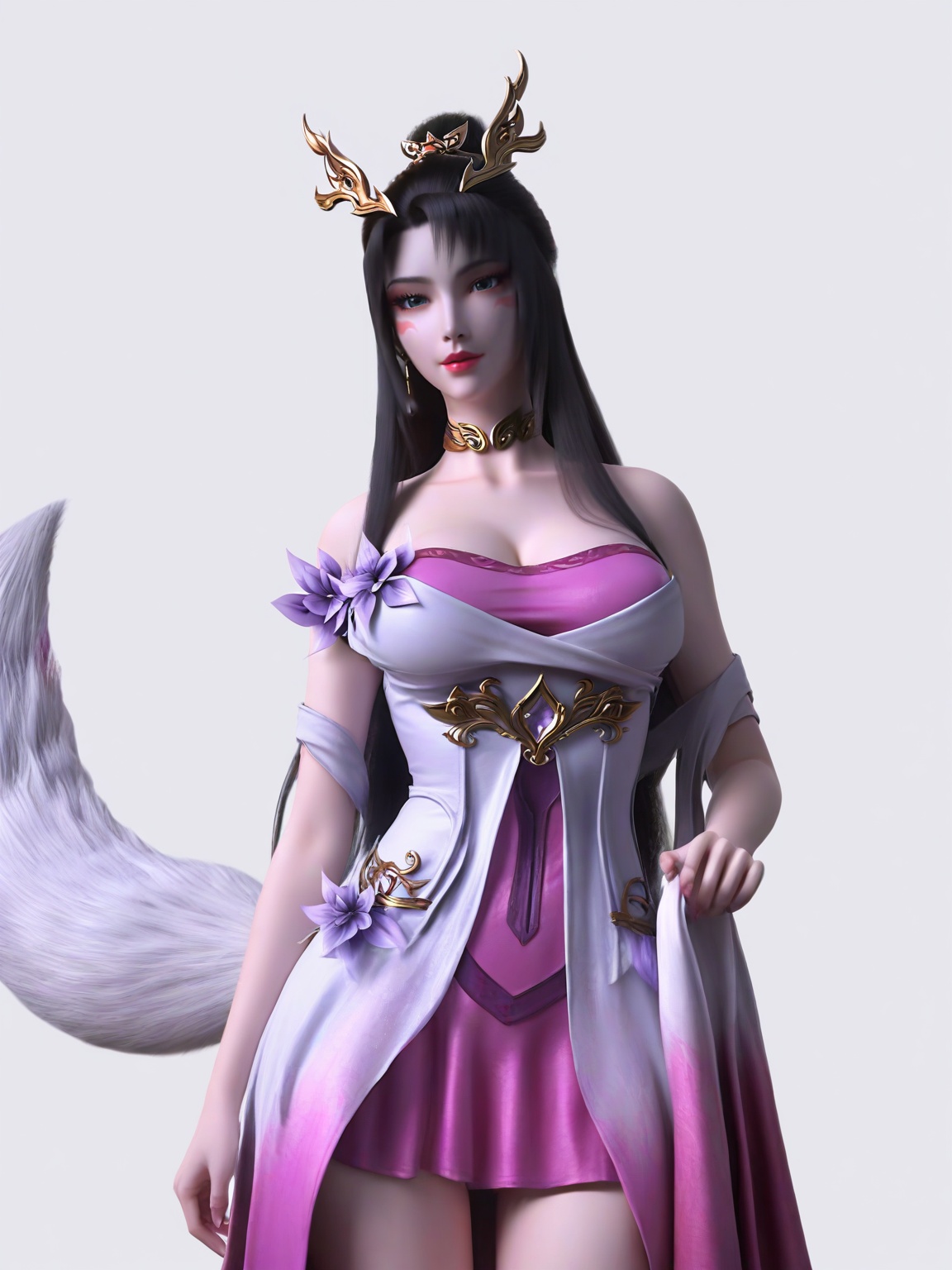 score_9,1girl,solo,dress,long hair,earrings,hair ornament,eyelashes,large breasts,standing,lipstick,facial mark,looking at viewer,fox tail,white background,simple background,cowboy_shot,<lora:SF_TianHu_Pony_Realism2.3-000004:0.7>,