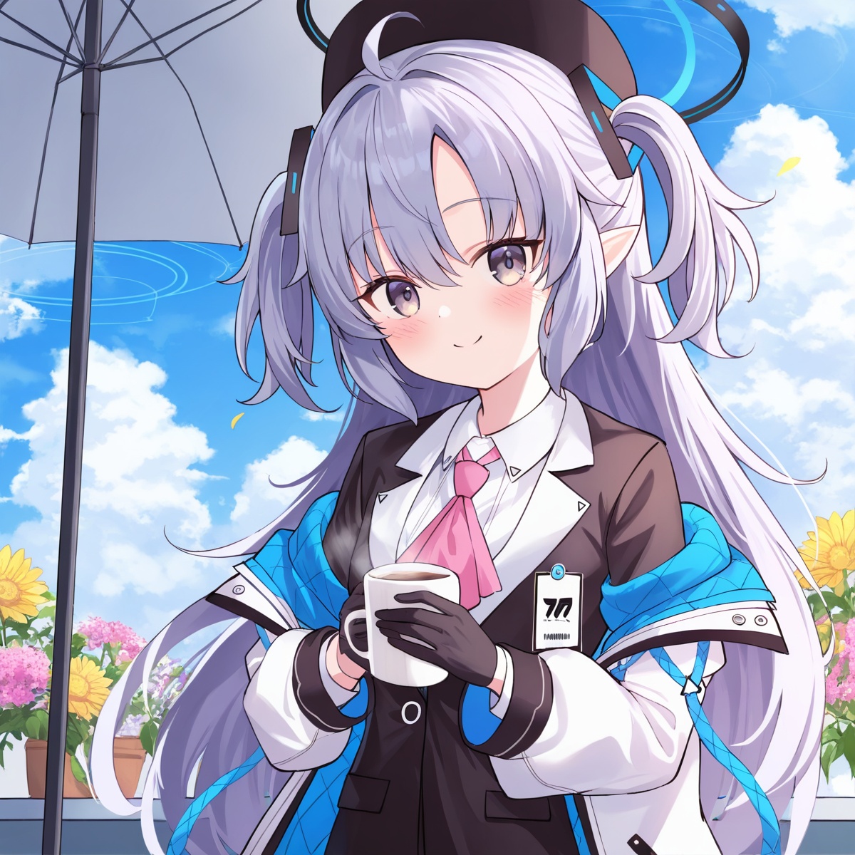 masterpiece, best quality, 1girl, :d, ahoge, black gloves, black ribbon, blue sky, blush, brown eyes, brown hair, closed mouth, cloud, collared shirt, covered mouth, flower, gloves, grey hair, hair between eyes, hat, holding cup, holding umbrella, jelen01, long hair, long sleeves, looking at viewer, neckerchief, off shoulder, open jacket, outdoors, pink ascot, pointy ears, sailor collar, shirt, simple background, smile, solo, two side up, two-tone dress, upper body, very long hair, white background, white hair, white jacket, wide sleeves, x hair ornament, yuuka \\(blue archive\\)  <lora:JeLen02-000003:0.8>, loli, cute,  ray tracing, indoors,jelen01,cowboy shot, hide hands, (hands behinds back), standing, 