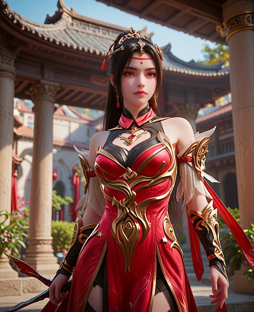 (oriental architecture, elegant decor, sophisticated style:1.1),Leaning against a pillar or column, looking thoughtful and introspective,,(breasts:1.2),<lora:XL完美世界火烁:0.8>,miss huoshuo,solo,red dress with black lining underneath,bare shoulders,vambraces,armored gloves,greave,brown eyes,forehead mark,black hair,half tied ponytai,earrings,jewelry,leather pants,clothing cutout,, zPDXL2, score_9, score_8_up, score_7_up BREAK realistic, masterpiece,best quality, highly detailed,, zPDXL3, zPDXL2,zPDXL, zPDXLxxx, zPDXLrl,