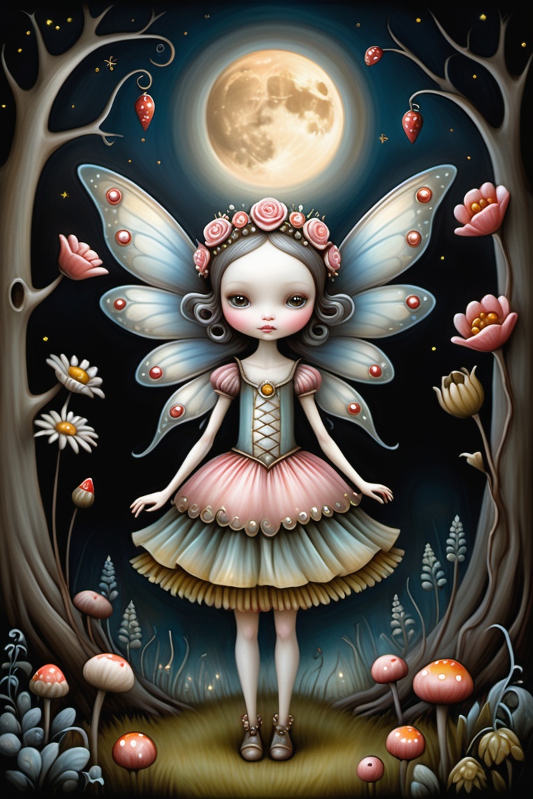 Cinematic scene - side view full body shot. in the style of Nicoletta Ceccoli,  Mark Ryden and Esao Andrews. a detailed pi...