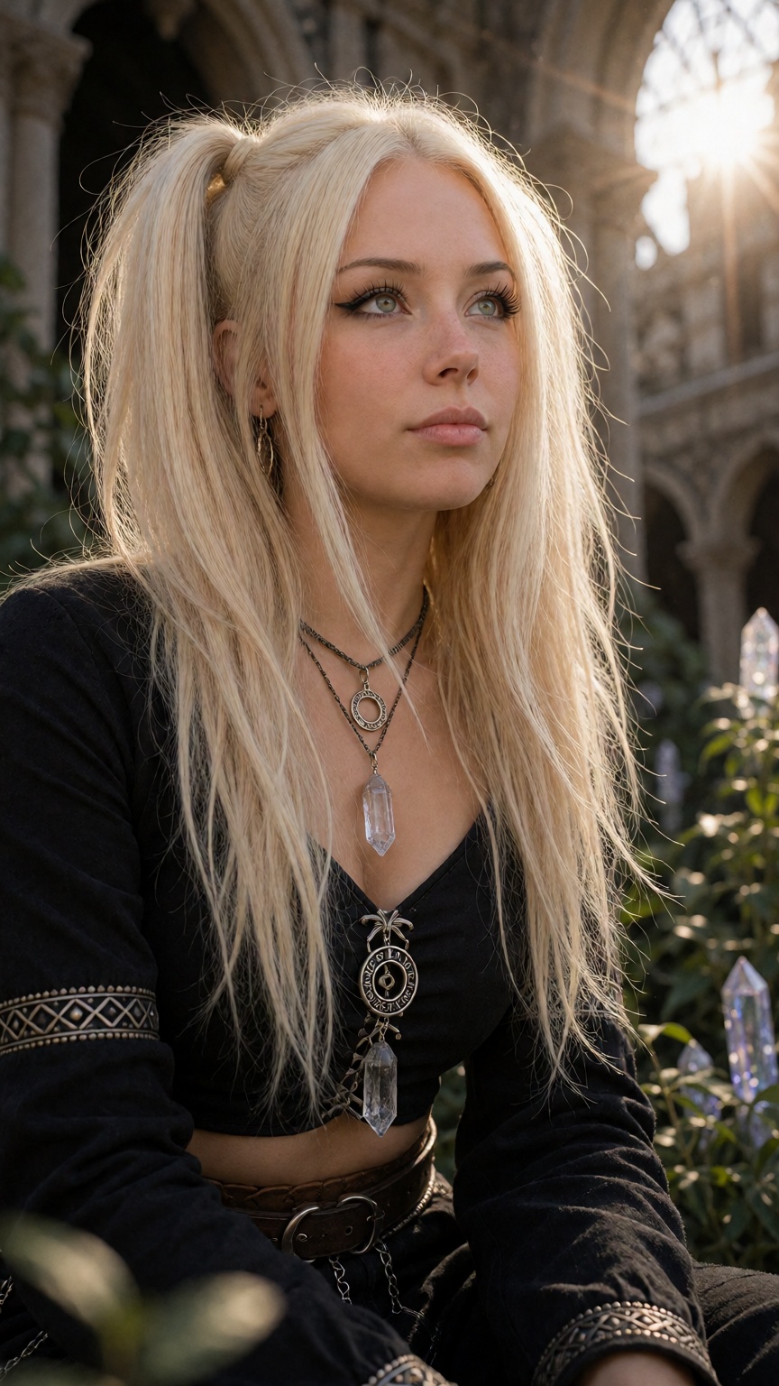 FayeX,  long platinum-blonde hair with a clean center part,  styled into high twin ponytails with smooth straight lengths...