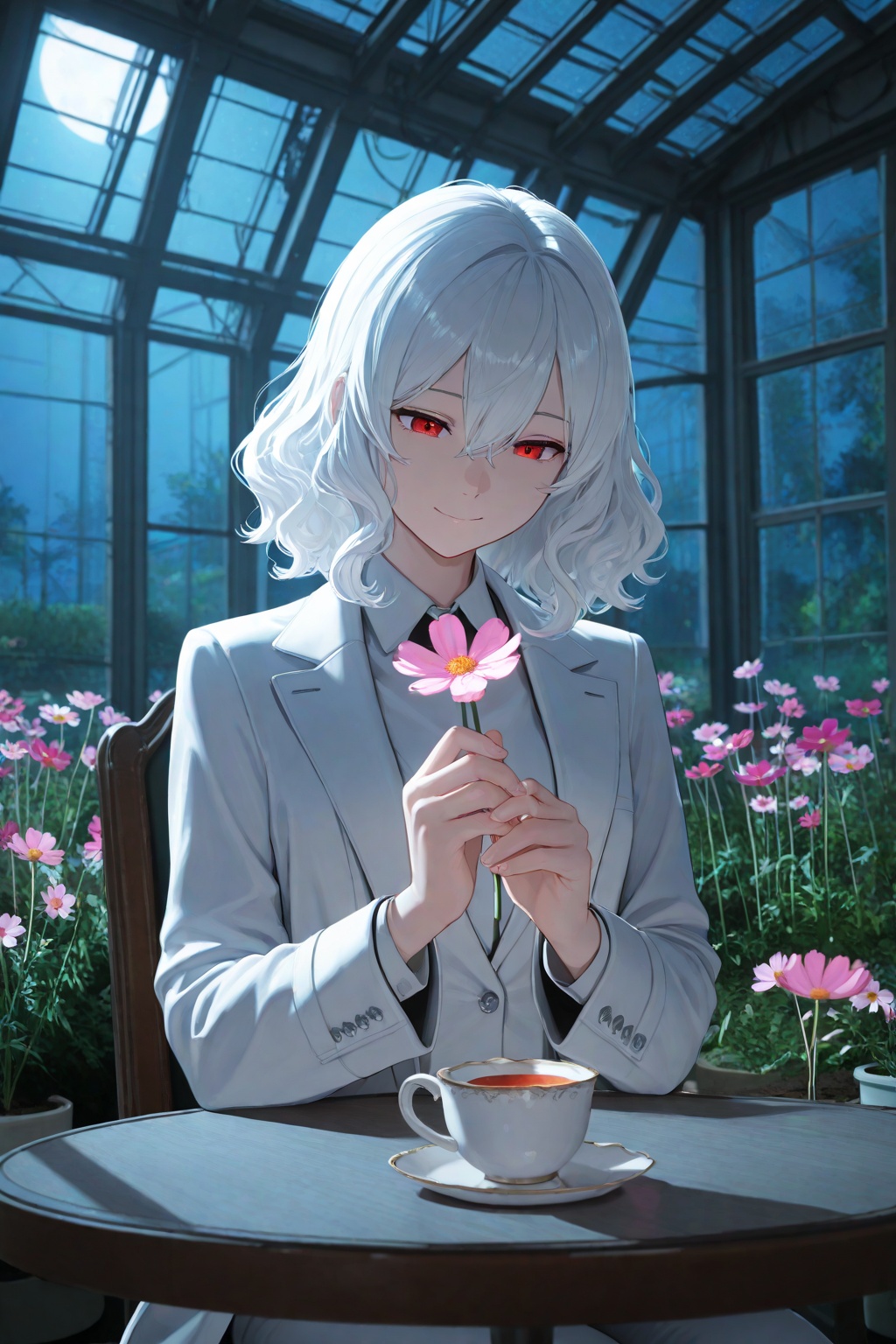 masterpiece,best quality,amazing quality,very aesthetic,absurdres,newest,highres,ultra deitailed,white suit,sci-fi,futuristic,red eyes,1girl,(c, android),white hair,medium hair,hair between eyes,wavy hair,Miasma,biomech,cosmos,pink flowers,holding flower,garden,greenhouse,soft smile,solo,Cinematic Lighting,refraction,moonlight,Elegant Crystal Lighting,formal suit,tailcoat,open coat,indoors,full scene,sit at table in garden,tea cup on table,coat thrown on,