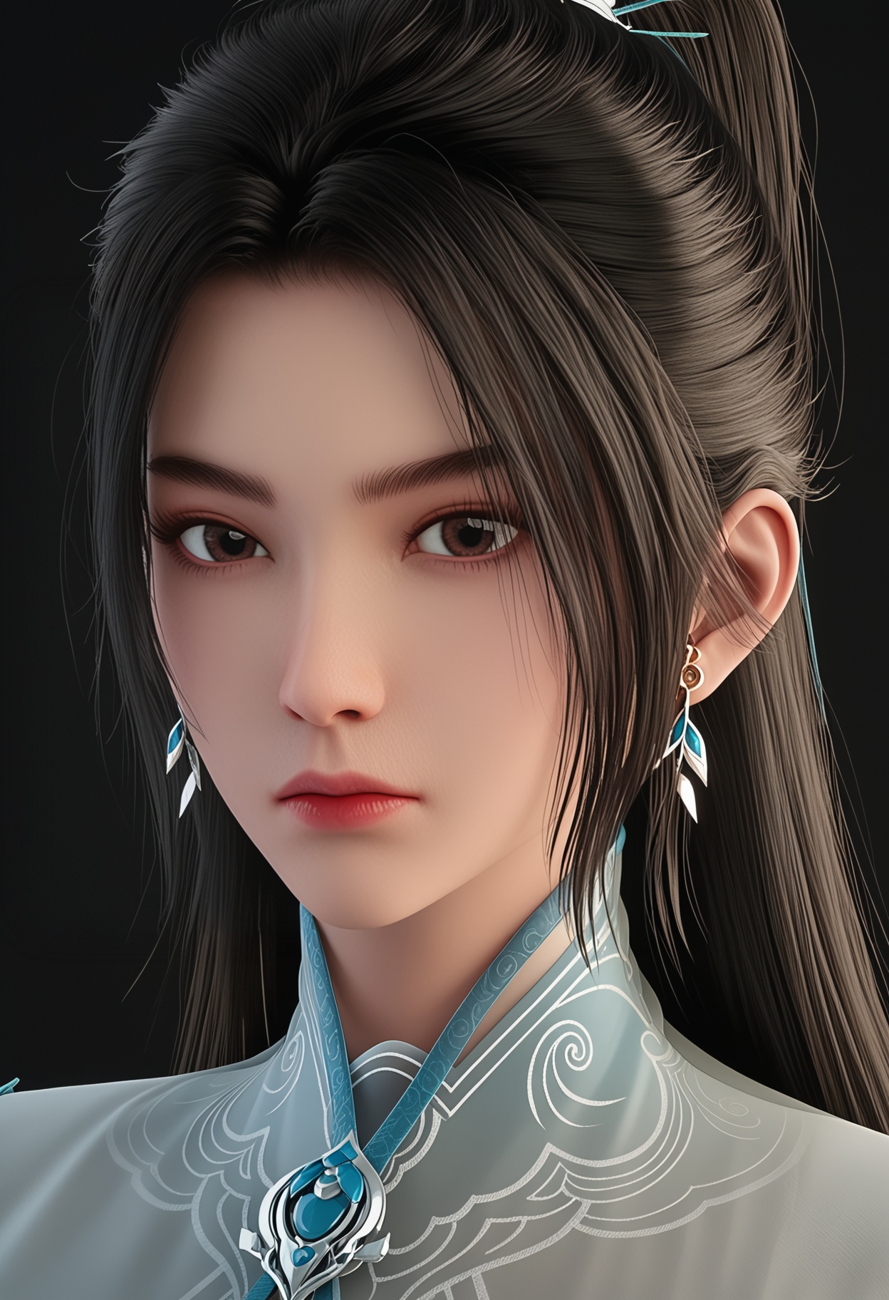 (cowboy shot:1.2),score_9,score_8_up,masterpiece,(best quality),intricate details,1girl,facing viewer,(looking at viewer:1.1),<lora:YQ_pony_ningyao3.0_V6:0.95:lbw=1,1,1,1,1,1,1,1,1,0.8,0.8,0.1>,q1528437228,1girl,solo,long hair,jewelry,earrings,chinese clothes,white dress,ponytail,black hair,long sleeves,brown hair,hair ornament,brown eyes,black footwear,pants,hair bun,sheath,hair ribbon,BREAKscore_9,score_8_up,masterpiece,(best quality),perfect anatomy,(hourglass),perfect face,(simple background,pure black background,black background:1.1),fair_skin,shiny_skin,Ivory_skin,