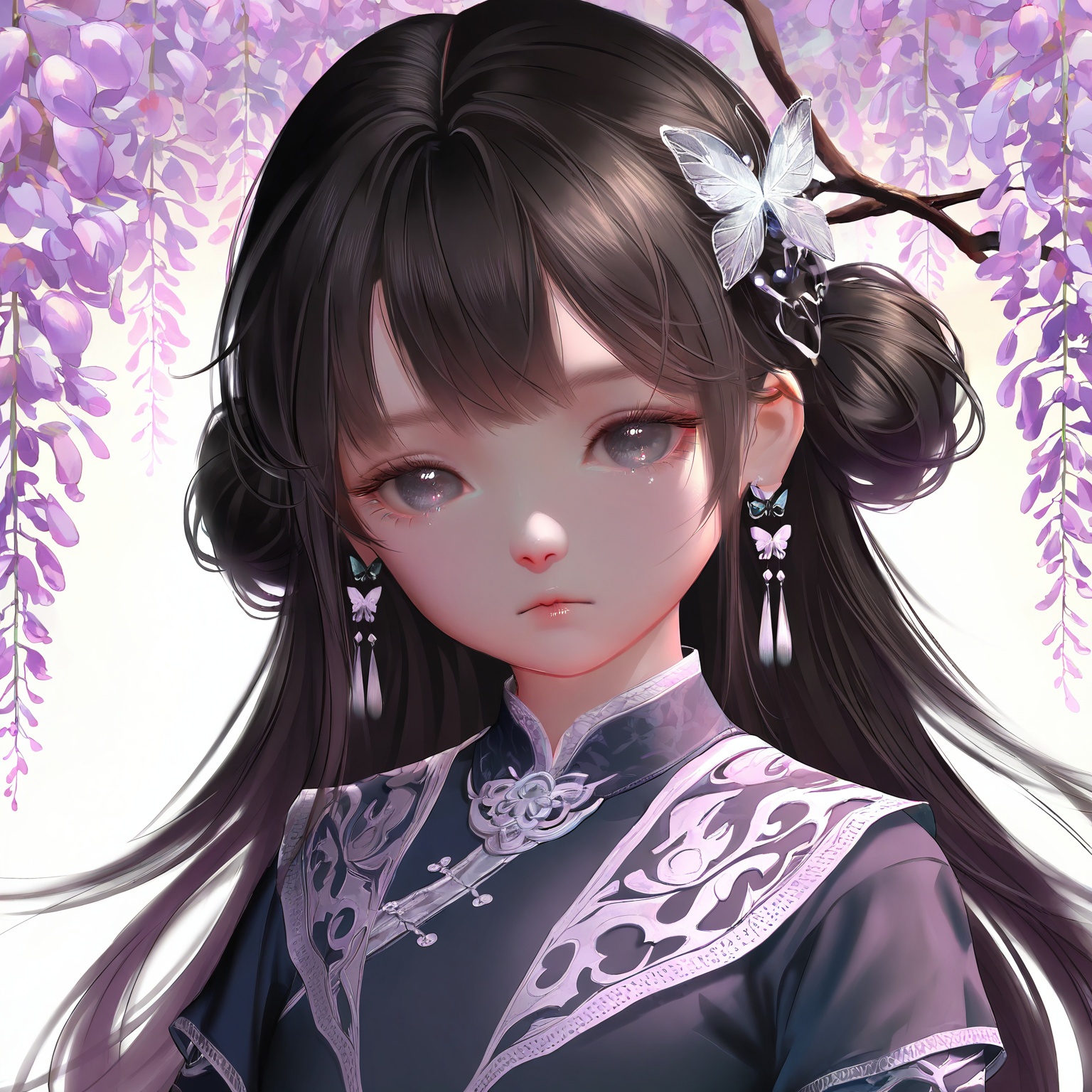 masterpiece,very aware,highres,absurdres,newest,best quality,loli,petite,high quality,chromatic_aberration,cinematic_angle,dutch angle,//,loli,1girl,solo,earrings,jewelry,long hair,black hair,hair ornament,closed mouth,bug,upper body,branch,portrait,wisteria,flower,hair bun,chinese clothes,dress,expressionless,butterfly,//,official art,depth of field,detailed light,blurry background,best shadow,shiny skin,cinematic lighting,ray tracing,amazing quality,very aesthetic,absurdres,beast quality,ultra detailed,newest,8K,HDR,//,<lora:touxiang——【noob】hans:0.8>,