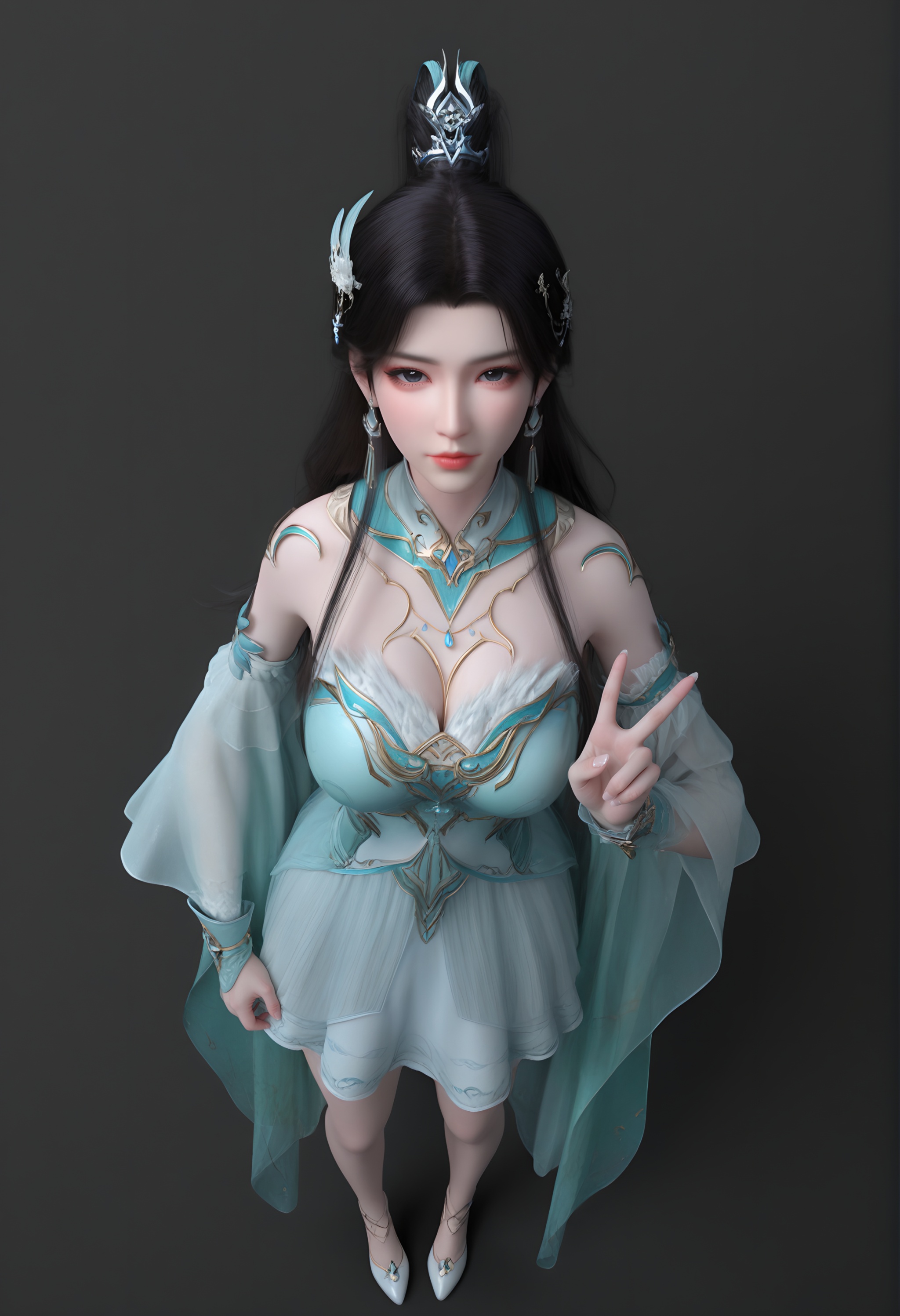 (score_9),<lora:古熏儿2-apony-000008:0.83>,guxuner,1girl,solo,long hair,hair ornament,earrings,ponytail,hair tie,black hair,jewelry,single hair bun,gold accessory,detached collar,jewelry,dress,detached sleeves,wrist cuffs,cape,bare legs,high heels,full body,mature_female,collarbone,large breasts,cleavage,BREAK<lora:Expressive_H-000001:0.8>,light blush,Expressiveh,looking at viewer,front view,dutch angle,dynamic_angle,from above,selfie,v sign,closed mouth,<lora:e肤色滑块:0.25>,fair_skin,(pale skin),ultra-detailed skin texture,detailed textures,<lora:皮肤凹痕:1.2>,BREAKsimple background,black background,<lora:e色温:0.25>,4K ultra HD,sharp focus,high detail,high contrast,