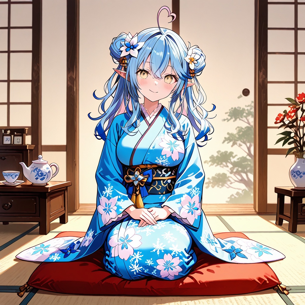 Melting,1girl, yukihana lamy, heart ahoge, virtual youtuber, blue hair, solo, pointy ears, japanese clothes, kimono, long hair, heart, seiza, yellow eyes, smile, ahoge, multicolored hair, looking at viewer, blue kimono, sitting, hair bun, streaked hair, sash, bangs, hair ornament, cup, breasts, obi, blush, double bun, elf, tea, closed mouth, floral print, flower, teacup, hair flower, large breasts, hair between eyes, teapot, wide sleeves, long sleeves, print kimono, full body,(UHD),anatomically correct,accurate,textured skin,super detail,high details,award winning,best quality,high quality,retina,16k,HD,1080P,8k,