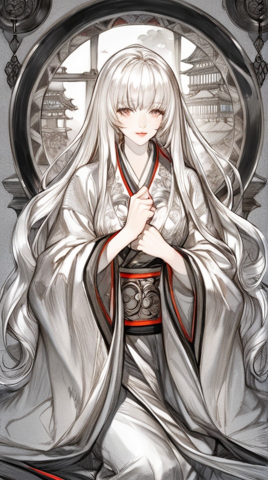 (best quality), ((masterpiece)), (highres), illustration, original, extremely detailed, <lora:NO Name Art:0.7>solo, 1girl, long hair, traditional media, spot color, monochrome, white hair, wide sleeves
