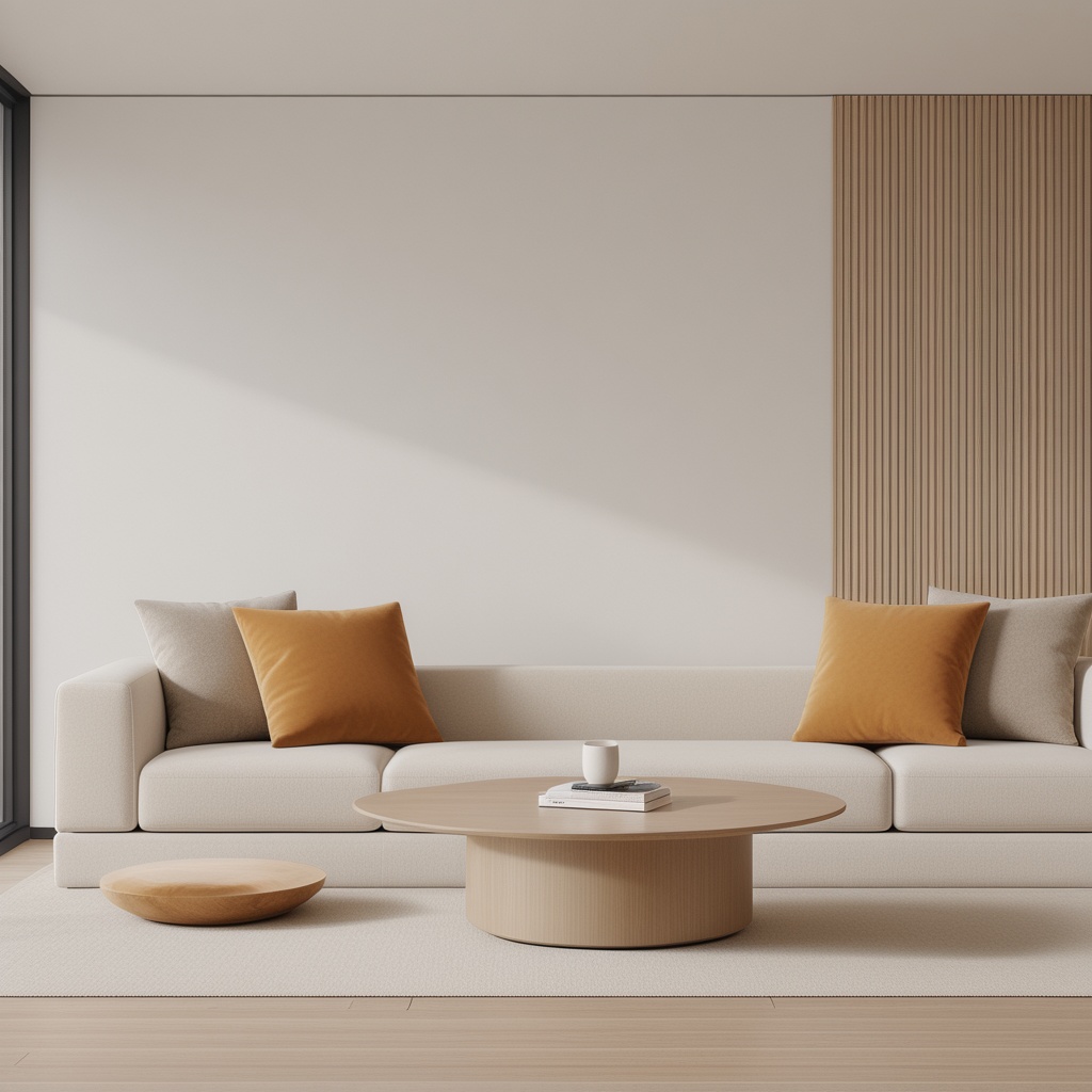 (masterpiece:1.2),best quality,highres,extremely detailed CG,perfect lighting,8k wallpaper,photograph,photorealistic,modern living room,minimalist design,neutral color palette,beige sectional sofa,decorative cushions,textured rug,coffee tables,ambient lighting,floor lamp,indoor plants,clear glass vase,magazines,wooden flooring,contemporary style,wall art space,natural light,large window,monochromatic,clean lines,spacious,stylish interior,