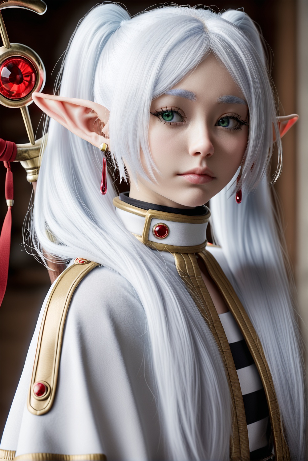 a close-up portrait of a female character with pale skin and silver hair. she has elf-like ears and is wearing a white and gold outfit with a red gemstone pendant around her neck. the background appears to be a dimly lit room with a hint of a wooden structure possibly a door or wall.,1girl,jewelry,pointy ears,elf,earrings,realistic,twintails,solo,white capelet,long hair,mage staff,white hair,portrait,red gemstone,gold trim,drop earrings,dangle earrings,capelet,blurry background,blurry,weapon on back,closed mouth,parted bangs,staff,looking at viewer,blue eyes,looking to the side,gem,green eyes,frieren style_0