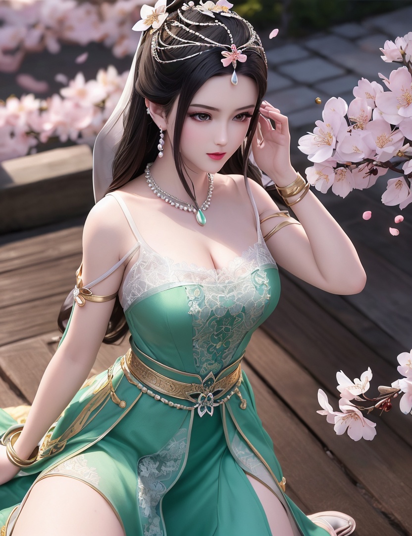 ultra realistic 8k cg, picture-perfect face, flawless, clean, masterpiece, professional artwork, famous artwork, cinematic lighting, cinematic bloom, perfect face, beautiful face, fantasy, dreamlike, unreal, science fiction,   lace, lace trim, lace-trimmed legwear,  (rich:1.4), prestige, luxury, jewelry, diamond, gold, pearl, gem, sapphire, ruby, emerald, intricate detail, delicate pattern, charming, alluring, seductive, erotic, enchanting, hair ornament, necklace, earrings, bracelet, armlet,halo((,1girl, pov,))  , ((((1girl, solo, ,cherry blossoms,outdoors, ))))<lora:DA_LinQingZhu:0.6>