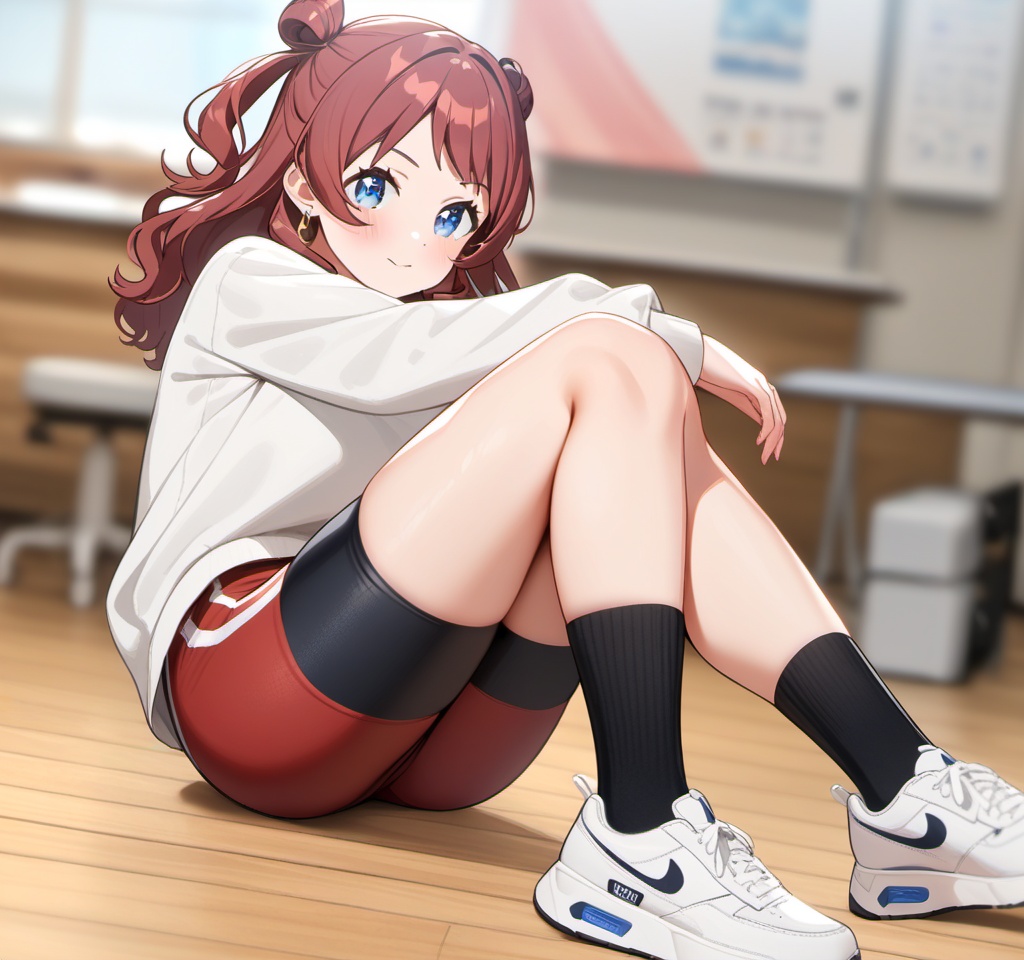 best quality,masterpiece,highres,1girl,<lora:gakuenidolmaster1-A3-000006:0.5>,saki hanami,1girl,blue eyes,red shorts,earrings,full body,shoes,black socks,jewelry,bike shorts,black shorts,long sleeves,white footwear,blush,long hair,sneakers,red hair,double bun,blurry background,cowboy shot,(siting),