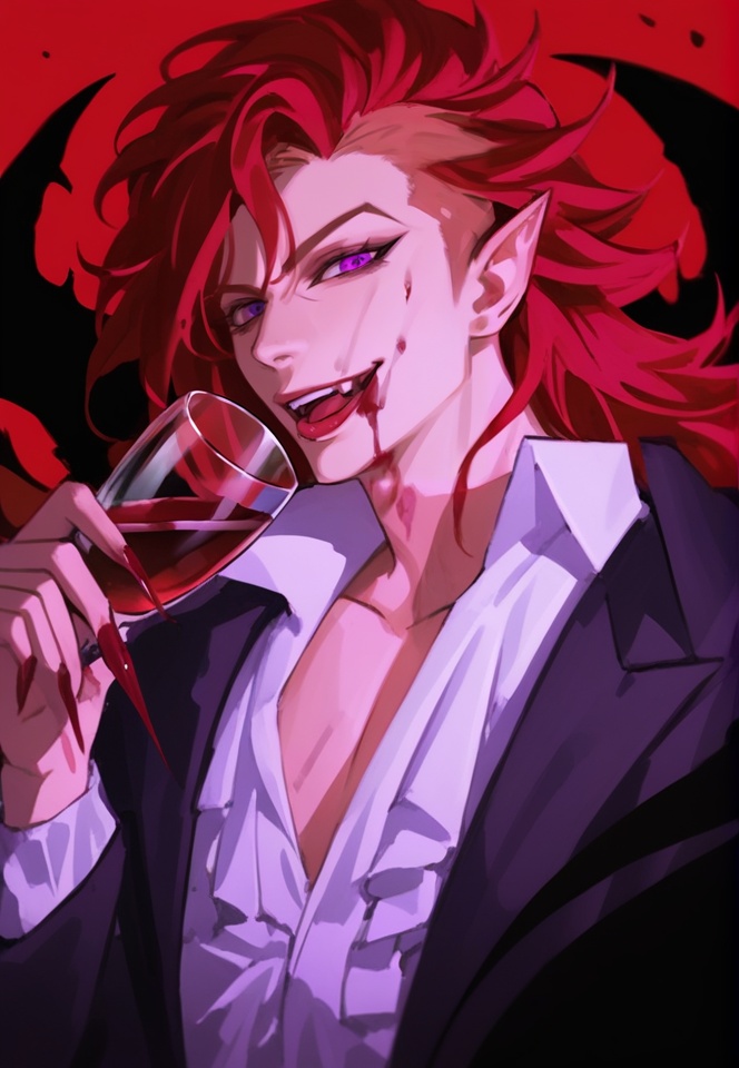 (best quality), ((masterpiece)), (highres), illustration, original, extremely detailed, <lora:美の欲:0.7>male focus, 1boy, tongue, solo, cup, pointy ears, wine glass, blood, drinking glass, tongue out, long hair, holding cup, licking lips, purple eyes, holding, shirt, blood on face, vampire, looking at viewer, white shirt, red hair, upper body, fingernails, wine, red background, collared shirt, sharp fingernails, bat \(animal\), open mouth