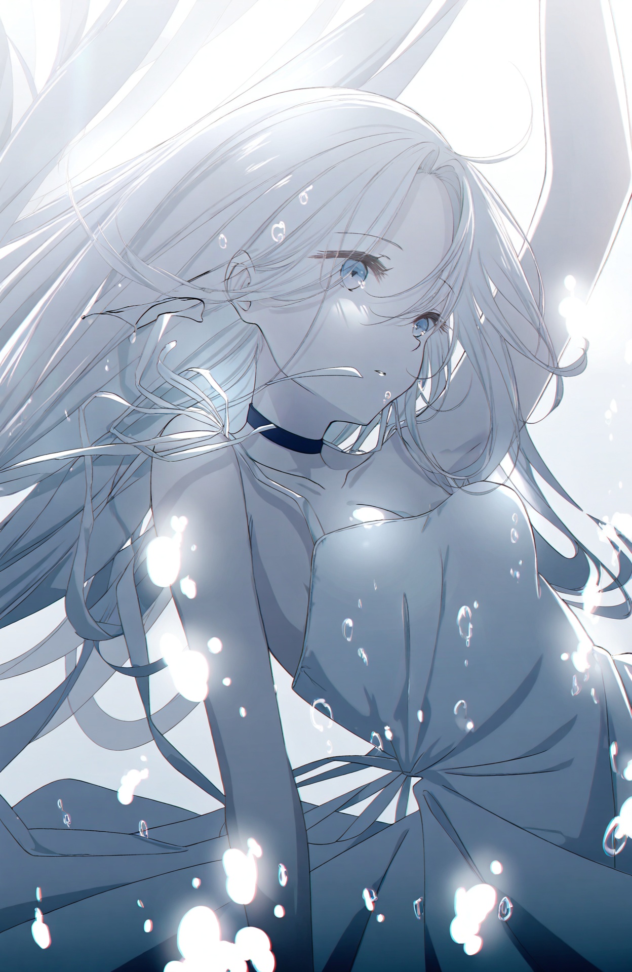 masterpiece,highres,absurdres,newest,best quality,loli,petite,high quality,chromatic_aberration,shiny_skin,//,,1girl,solo,long_hair,underwater,dress,bubble,air_bubble,white_dress,arm_up,very_long_hair,bare_arms,sleeveless_dress,bare_shoulders,parted_lips,sleeveless,floating_hair,submerged,white_hair,sundress,grey_theme,choker,parted_bangs,//,medium breasts,bouncing breasts,cleavage,bare shoulders,//,<lora:aestivation——【CKXL】hans:0.8>,